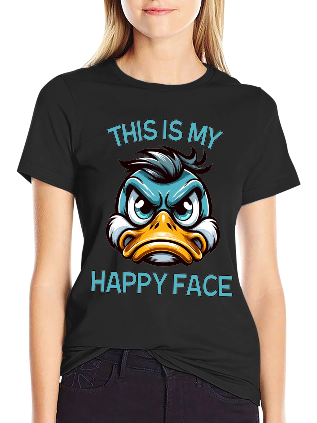 Black Funny Duck Happy Face Graphic T-Shirt view 2