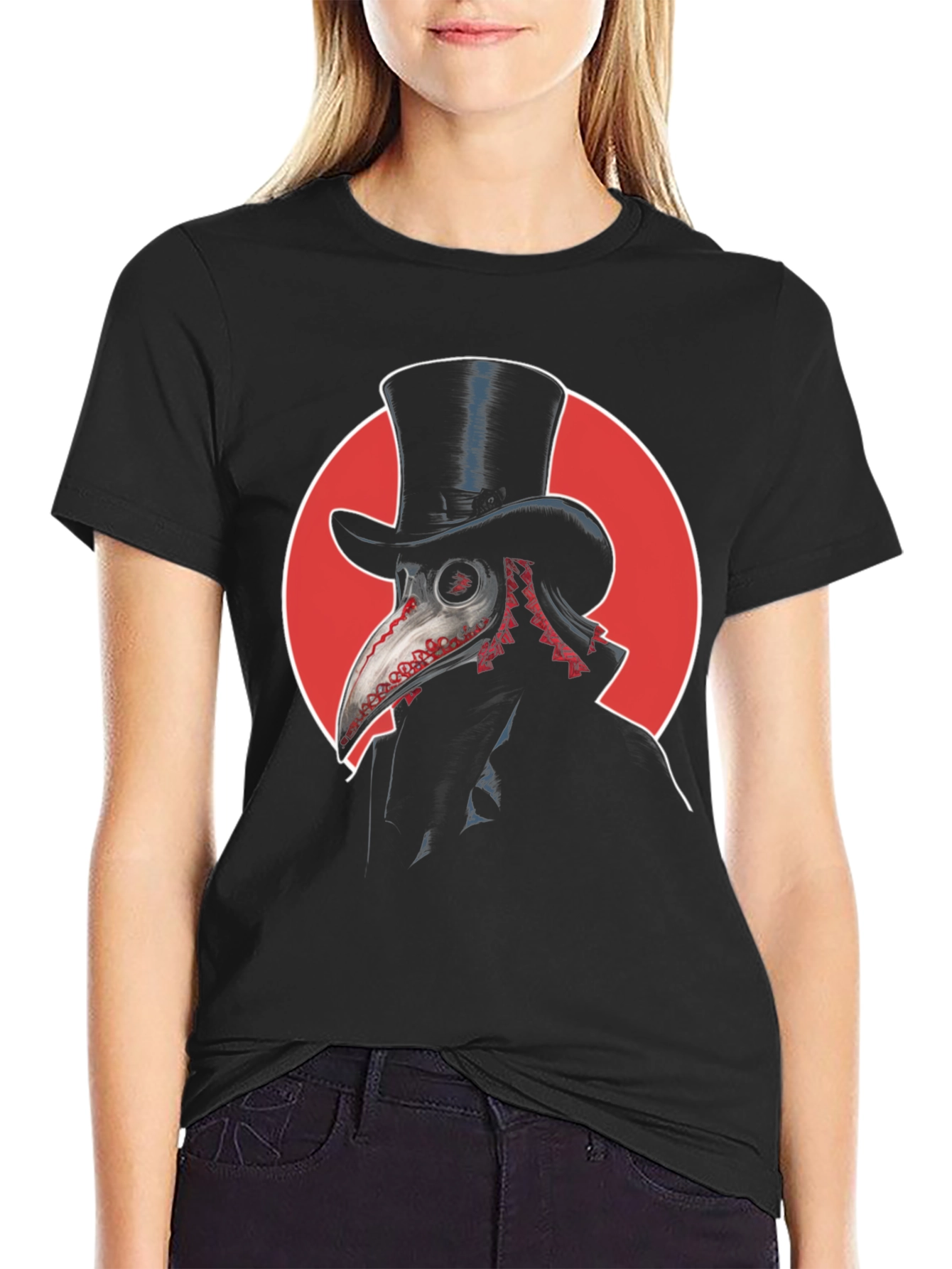 Black Plague Doctor Graphic Tee - Top Hat & Red Circle Design view 2