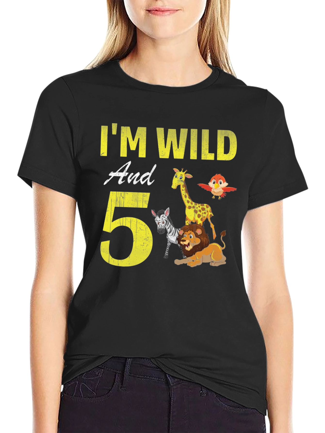Black I'm Wild And 5! Birthday Animals Kids T-Shirt view 2