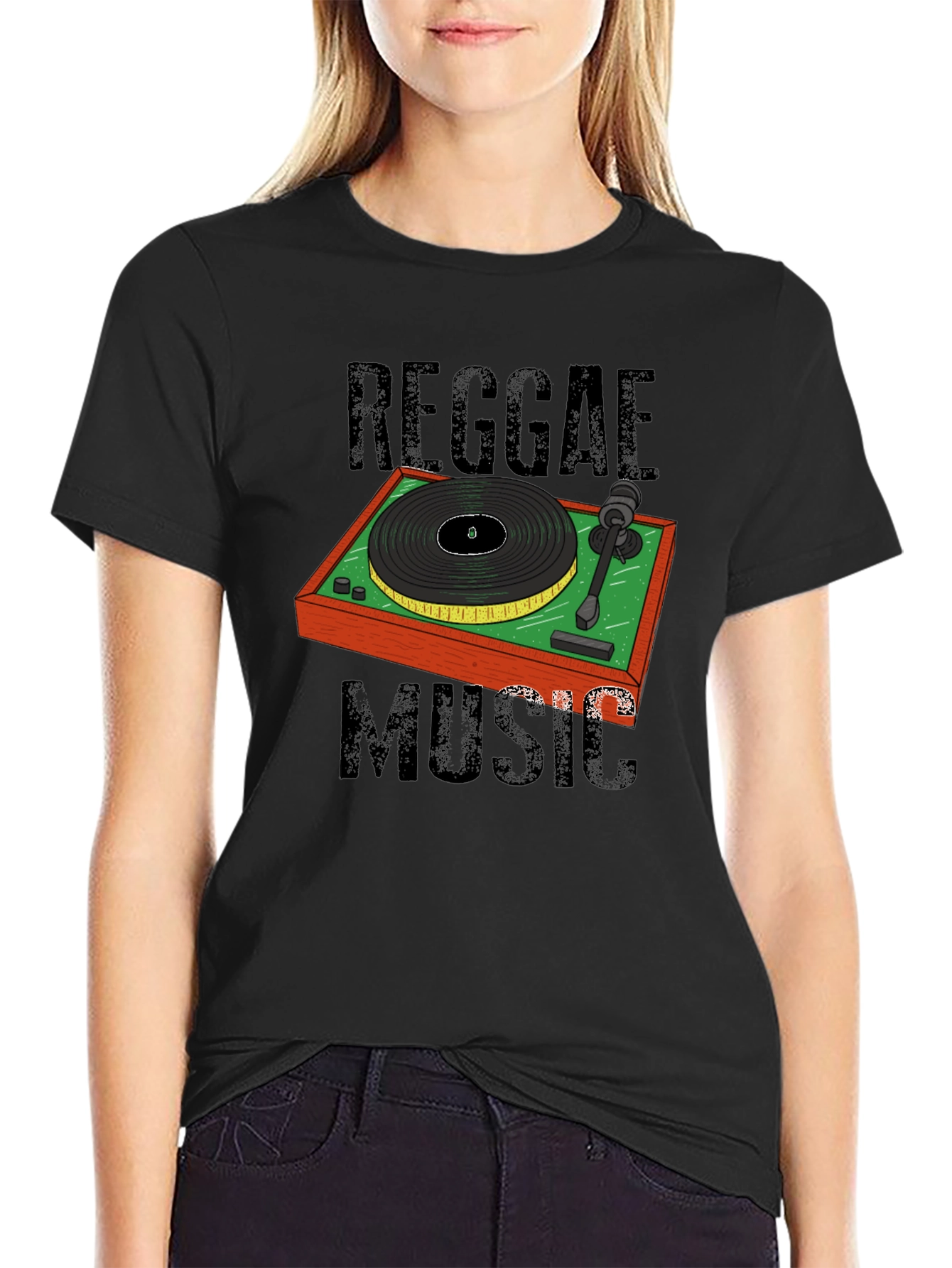 Black Reggae Music Turntable Graphic T-Shirt view 2