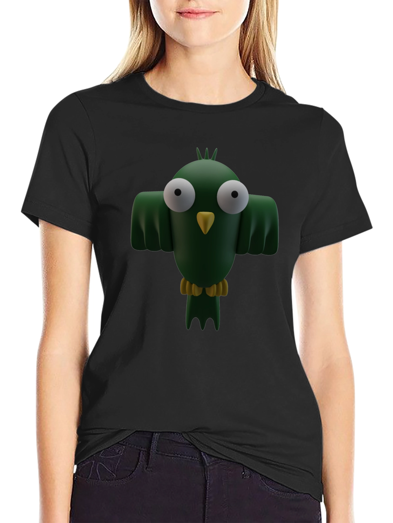 Black Cartoon Bird Graphic T-Shirt - Funny Animal Tee view 2