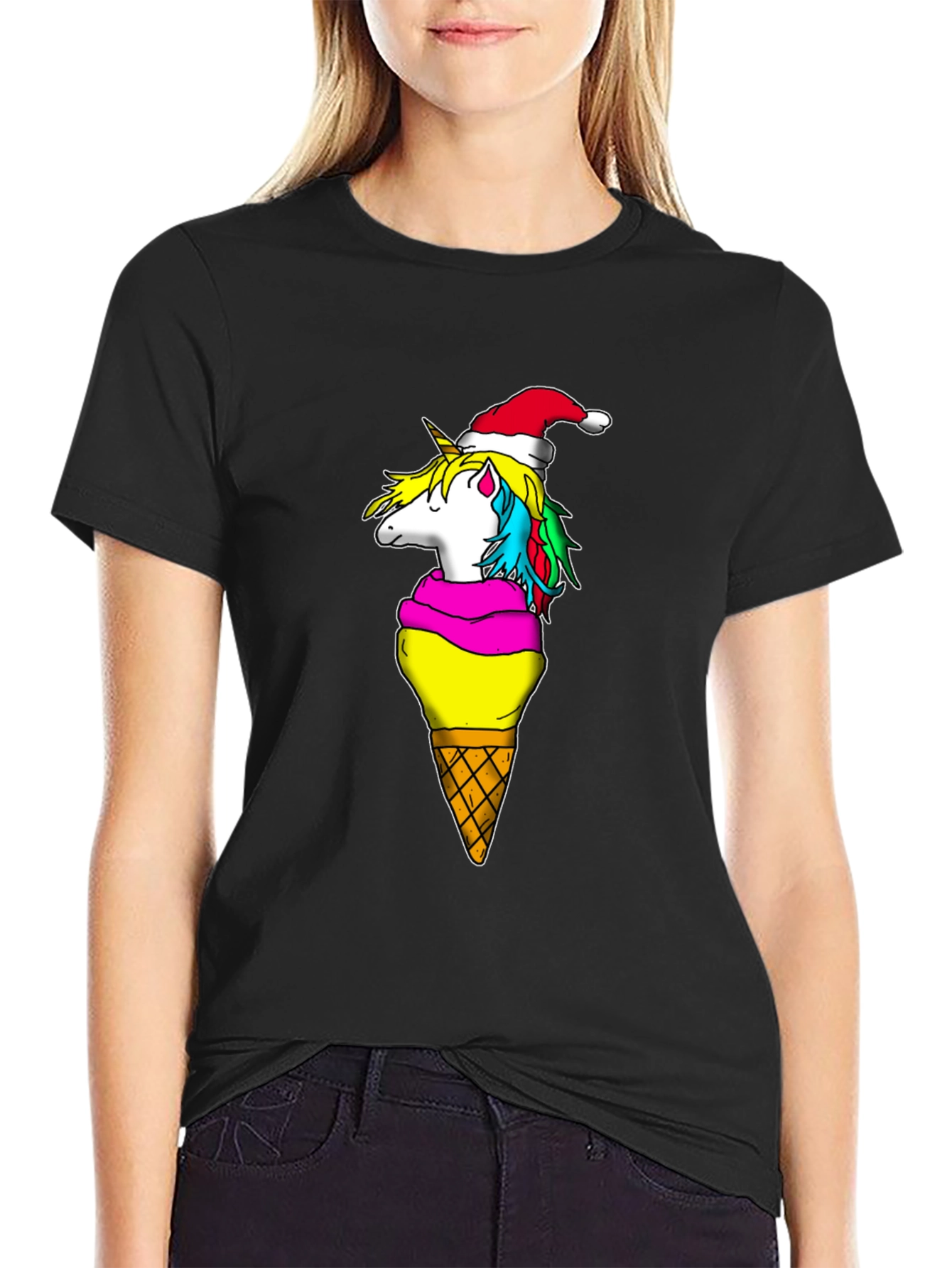 Black Unicorn Ice Cream Cone Christmas T-Shirt view 2