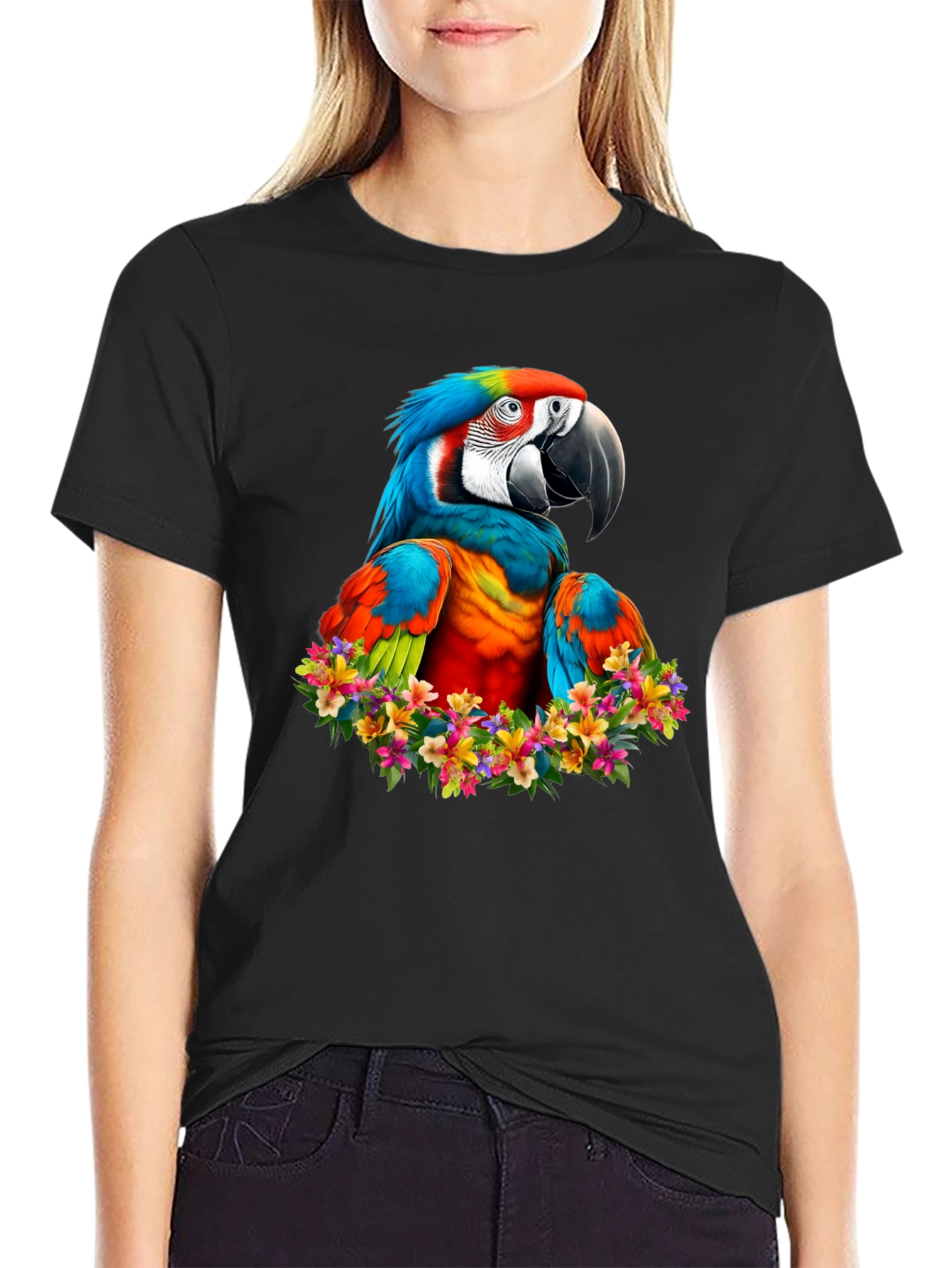 Black Macaw Parrot Floral Wreath Graphic T-Shirt view 2