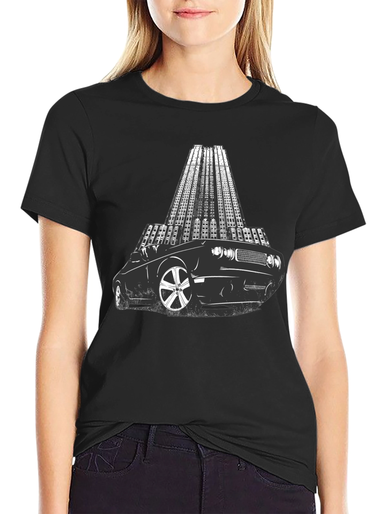 Black Retro Car & Cityscape Graphic Tee - Cool Black T-Shirt view 2