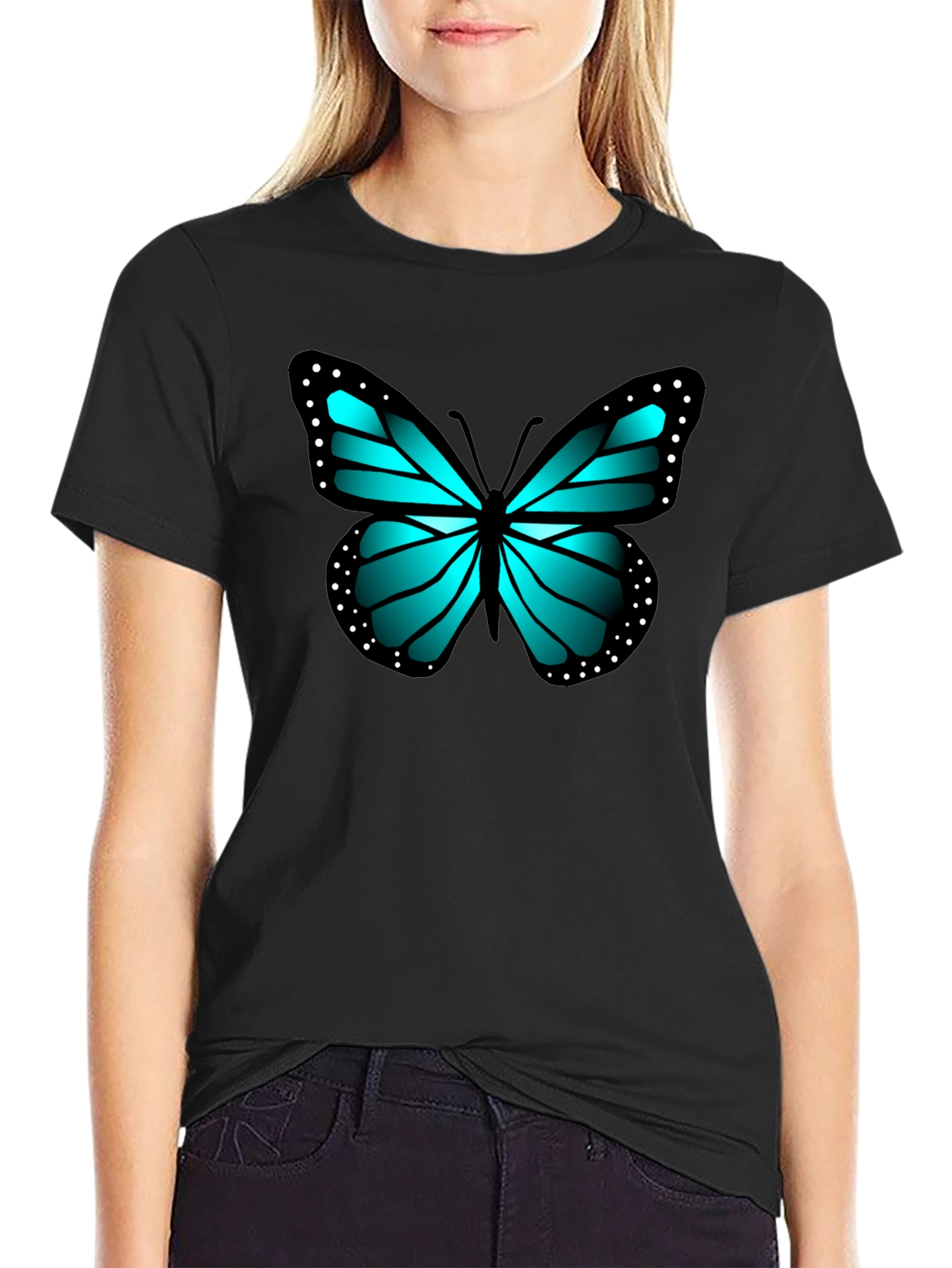 Black Blue Butterfly Graphic Black Tee view 2