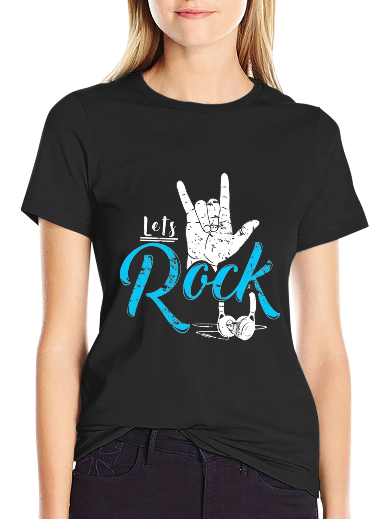 Black Let's Rock Graphic Tee - Cool Music Fan T-Shirt view 2