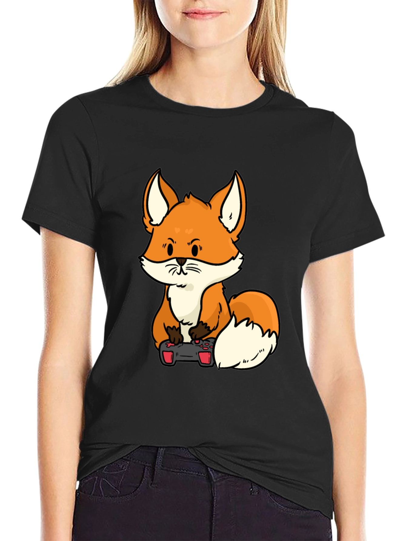 Black Gamer Fox Graphic T-Shirt - Cool Cartoon Design view 2