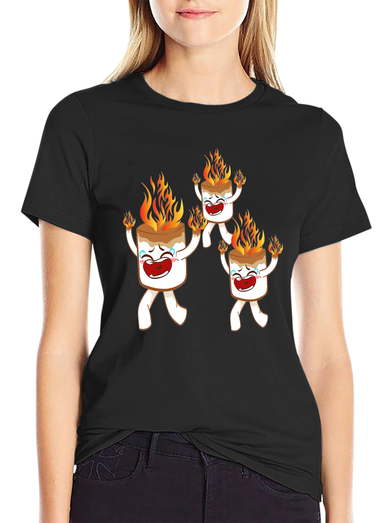 Black Funny Marshmallow On Fire Graphic Tee view 2