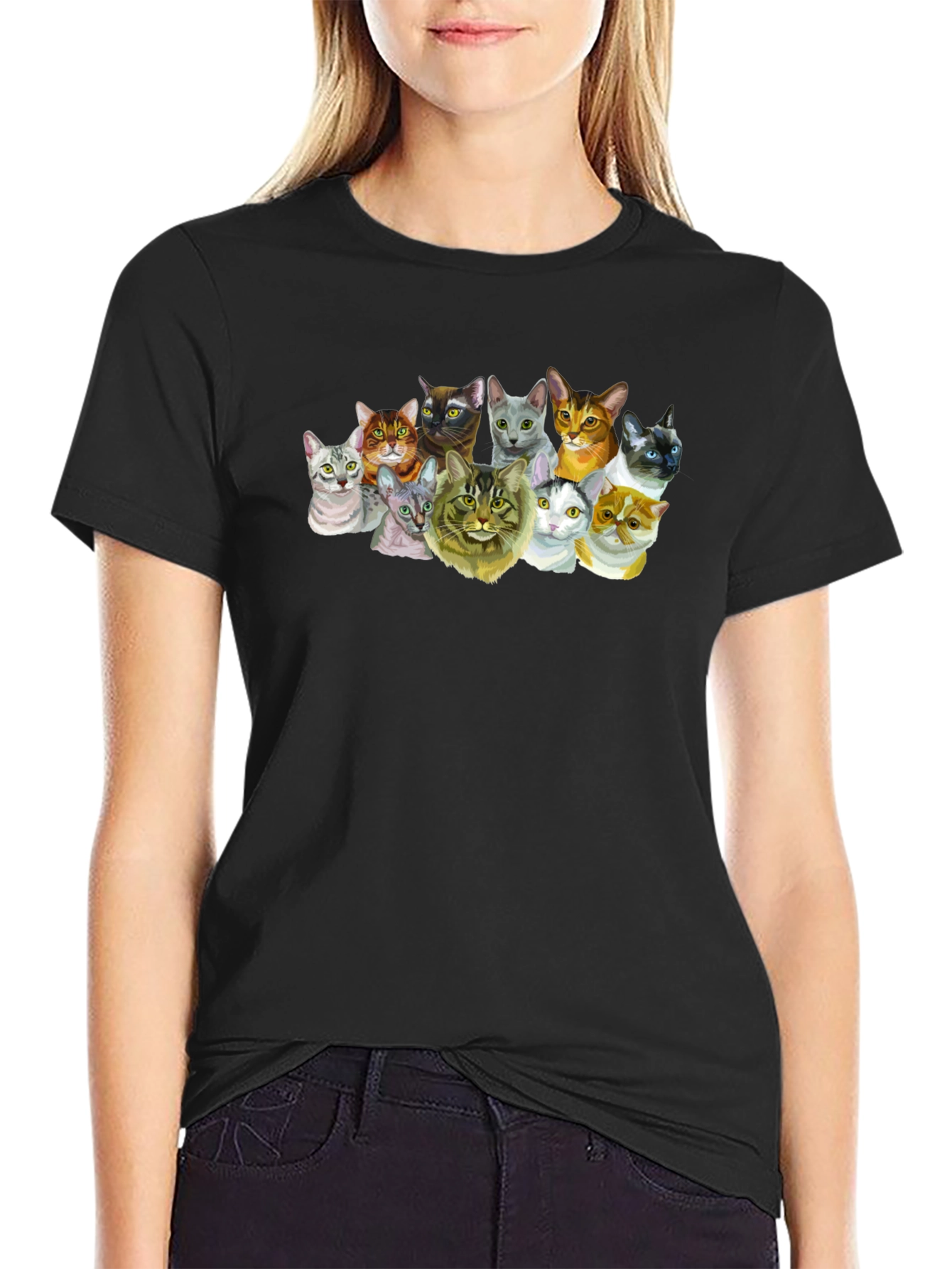 Black Cats T-Shirt - Black Crew Neck Tee with Cat Print view 2