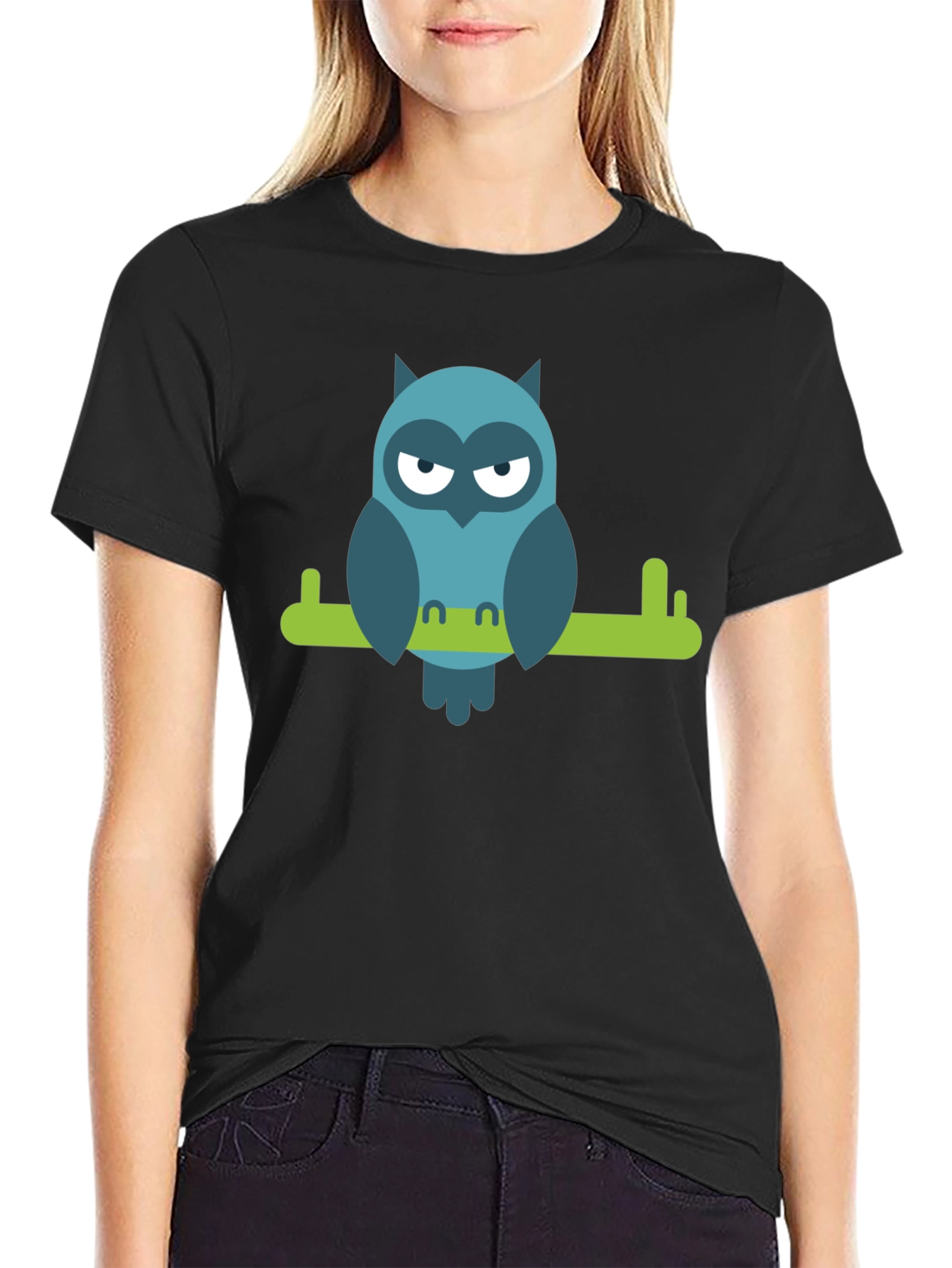 Black Cool Owl on Branch Graphic Tee - Black view 2