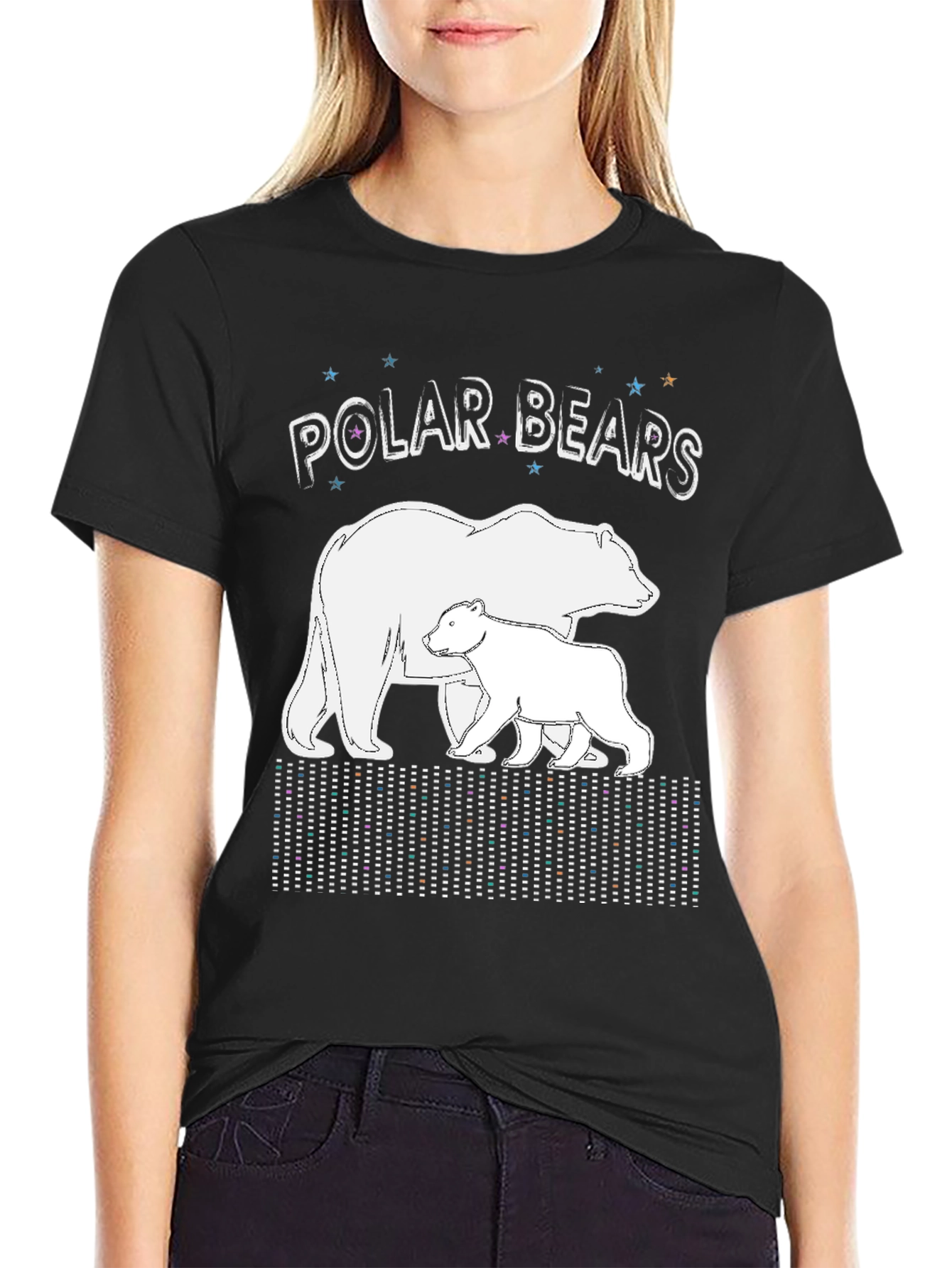 Black Polar Bears Graphic Print Crew Neck T-Shirt view 2