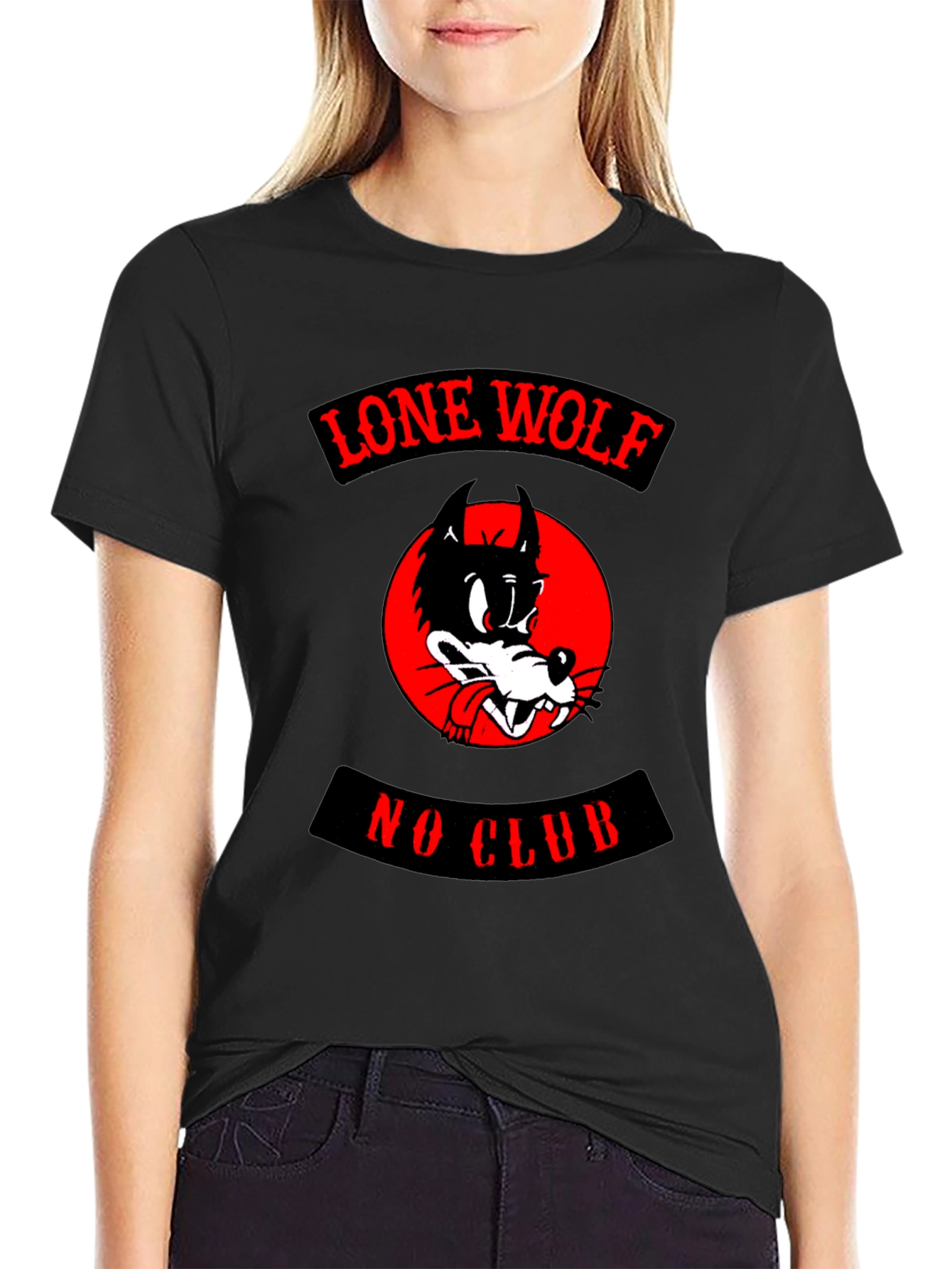 Black Lone Wolf No Club T-Shirt - Black Cotton Tee view 2