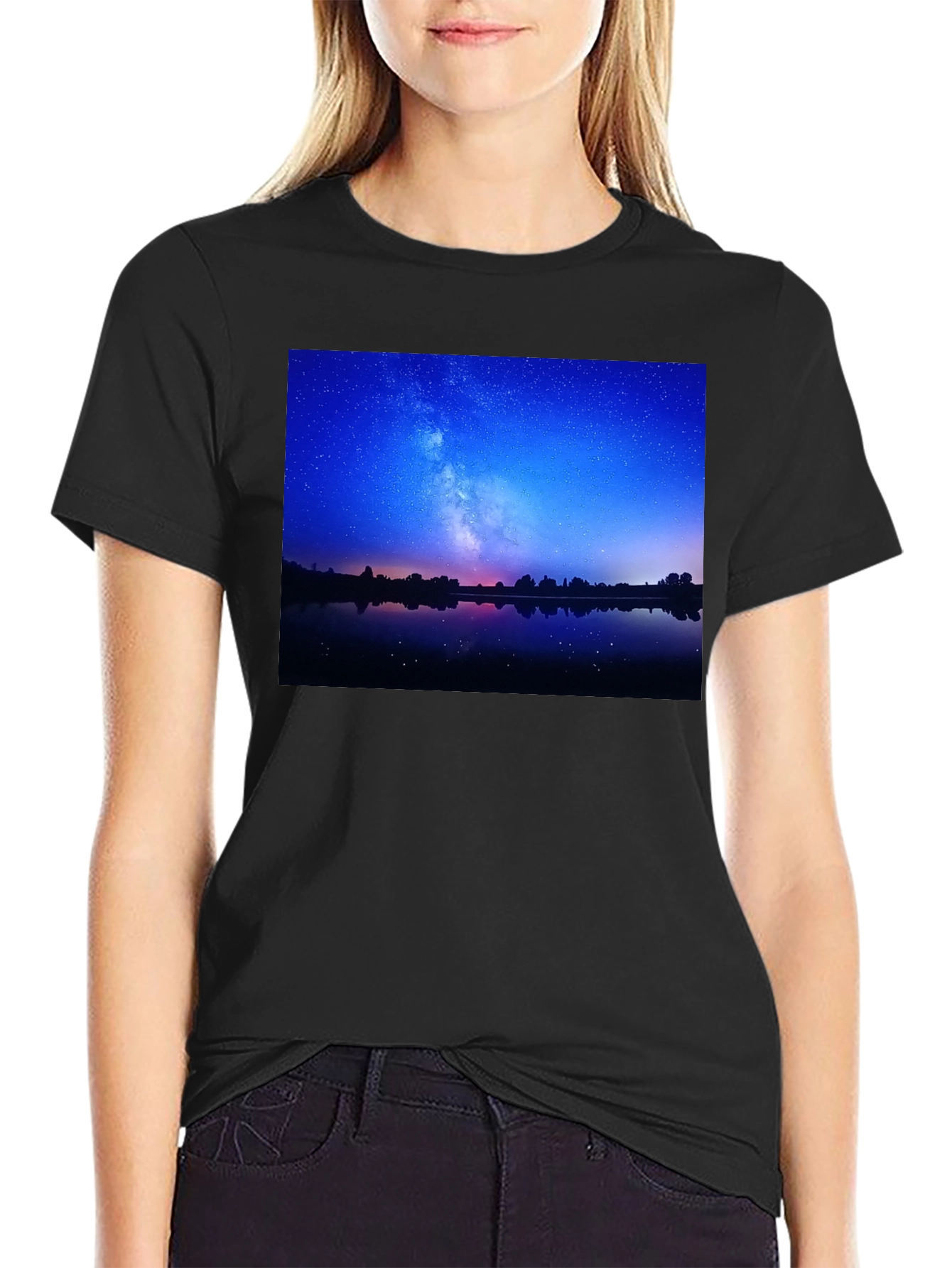 Black Night Sky Reflection Graphic T-Shirt view 2