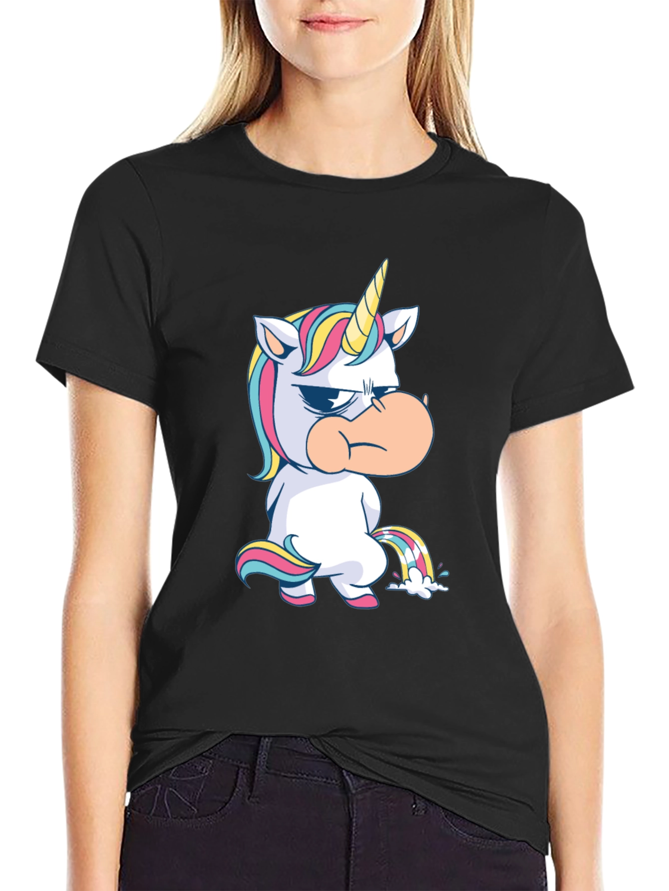 Black Grumpy Unicorn Black T-Shirt Novelty Tee view 2