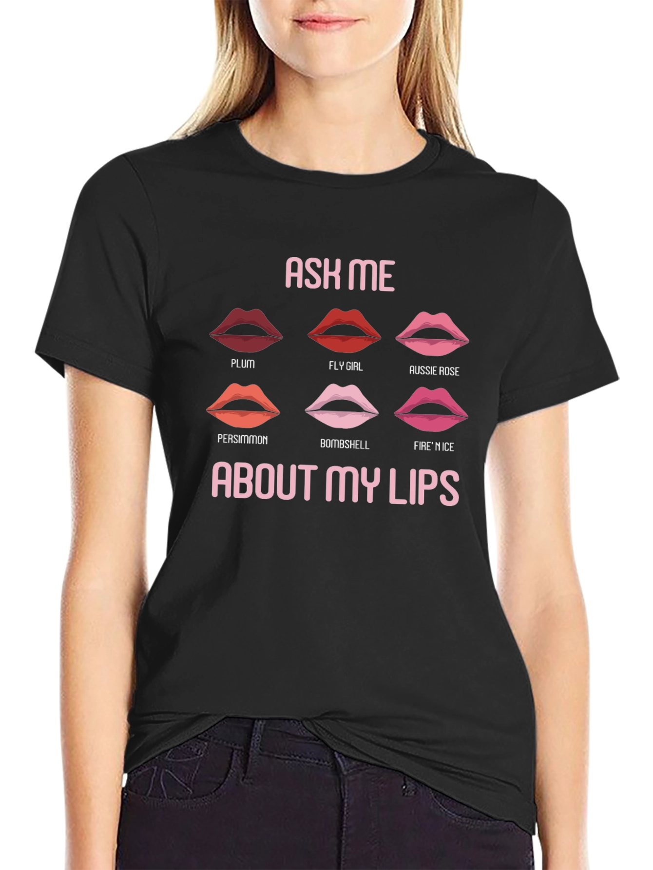 Black Ask Me About My Lips Graphic Tee - Fun Lip Shade Names T-Shirt view 2