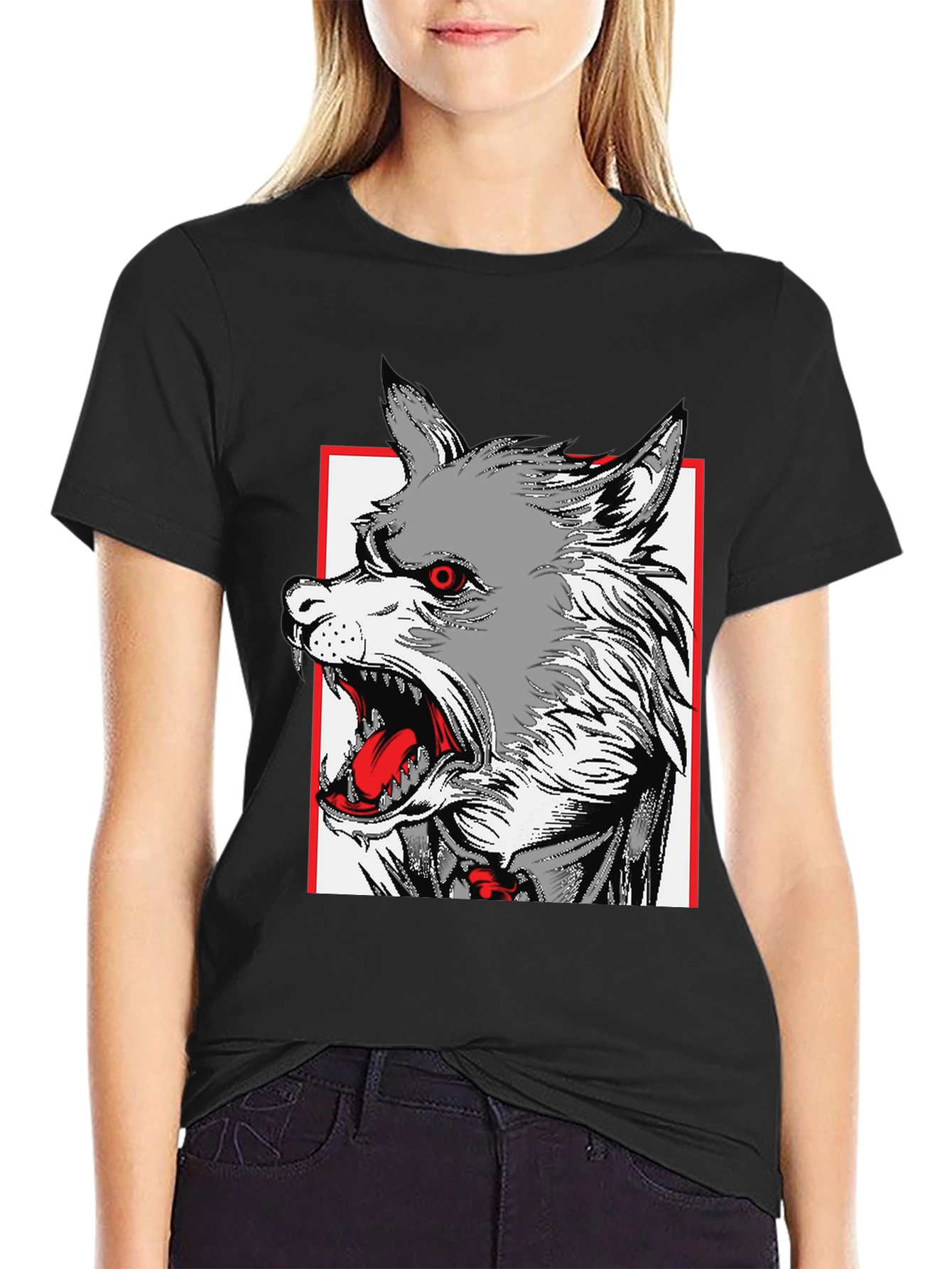 Black Wolf Graphic Print Black T-Shirt view 2