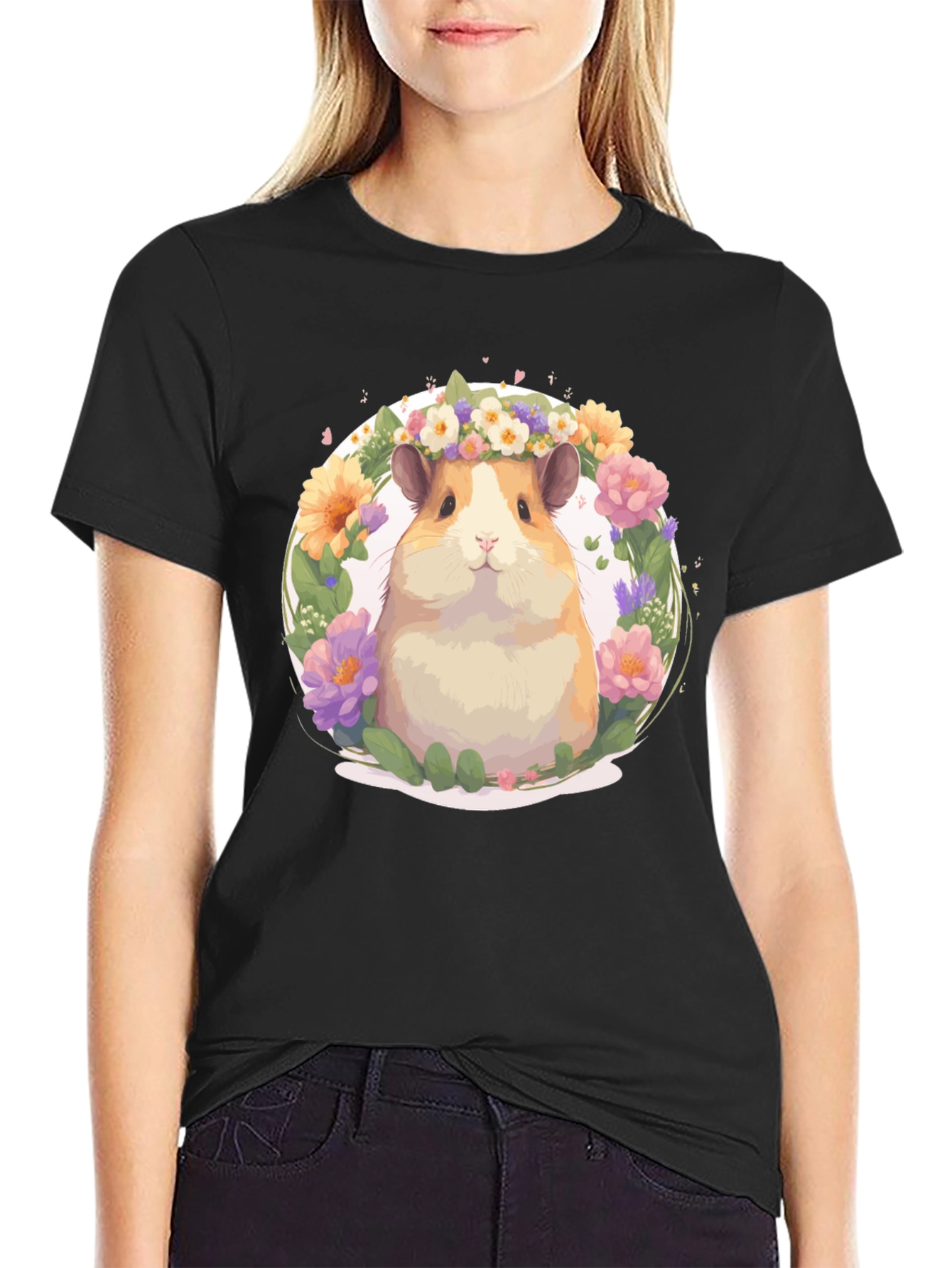 Black Cute Hamster Floral Wreath T-Shirt - Unisex view 2