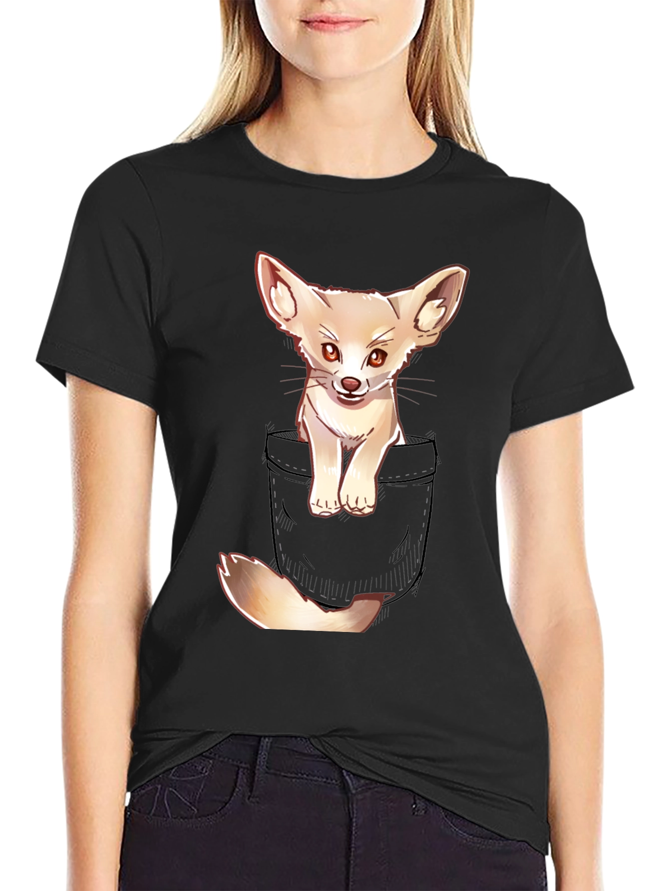 Black Cute Fennec Fox Pocket T-Shirt view 2
