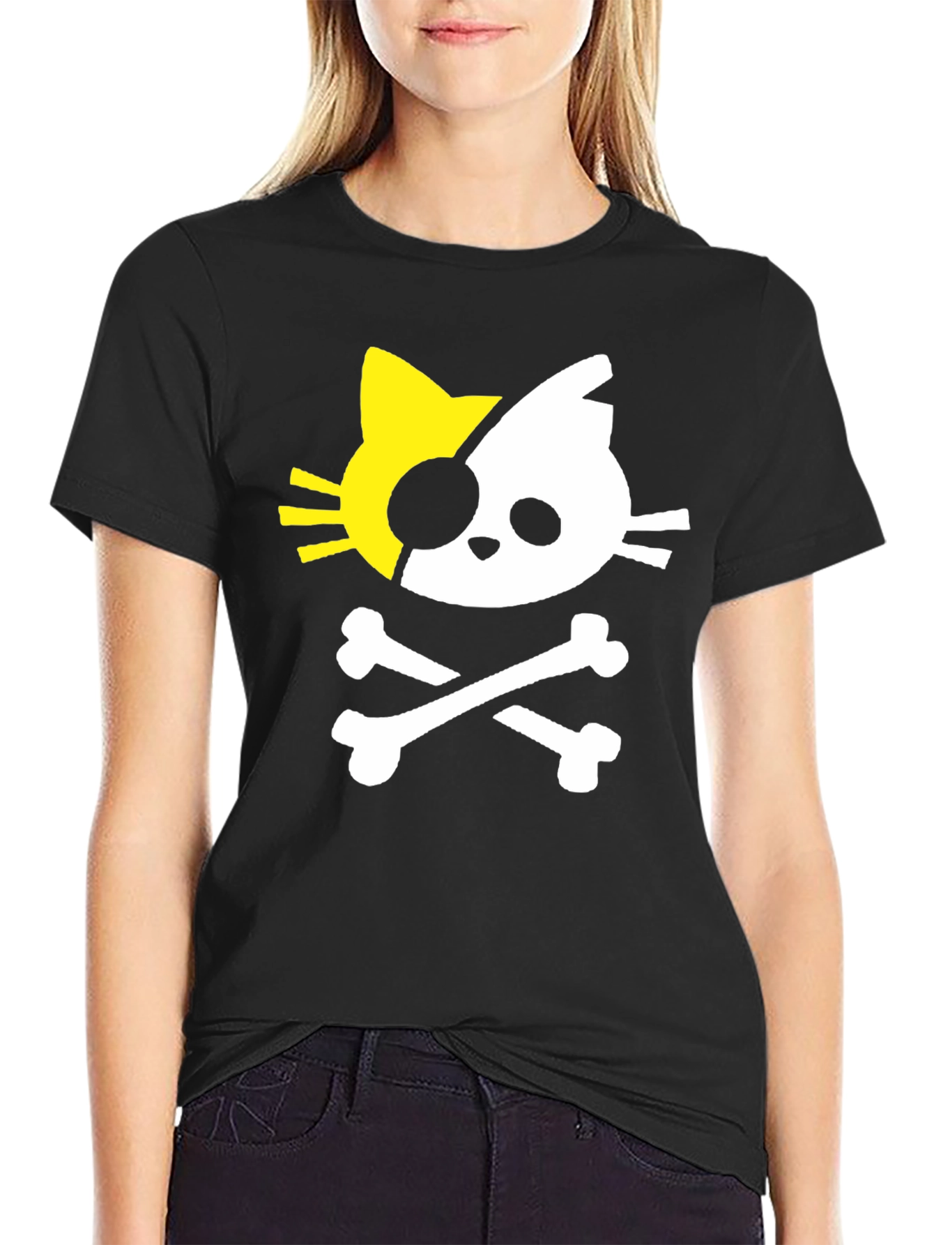 Black Pirate Kitty Graphic Tee - Black Cotton T-Shirt view 2
