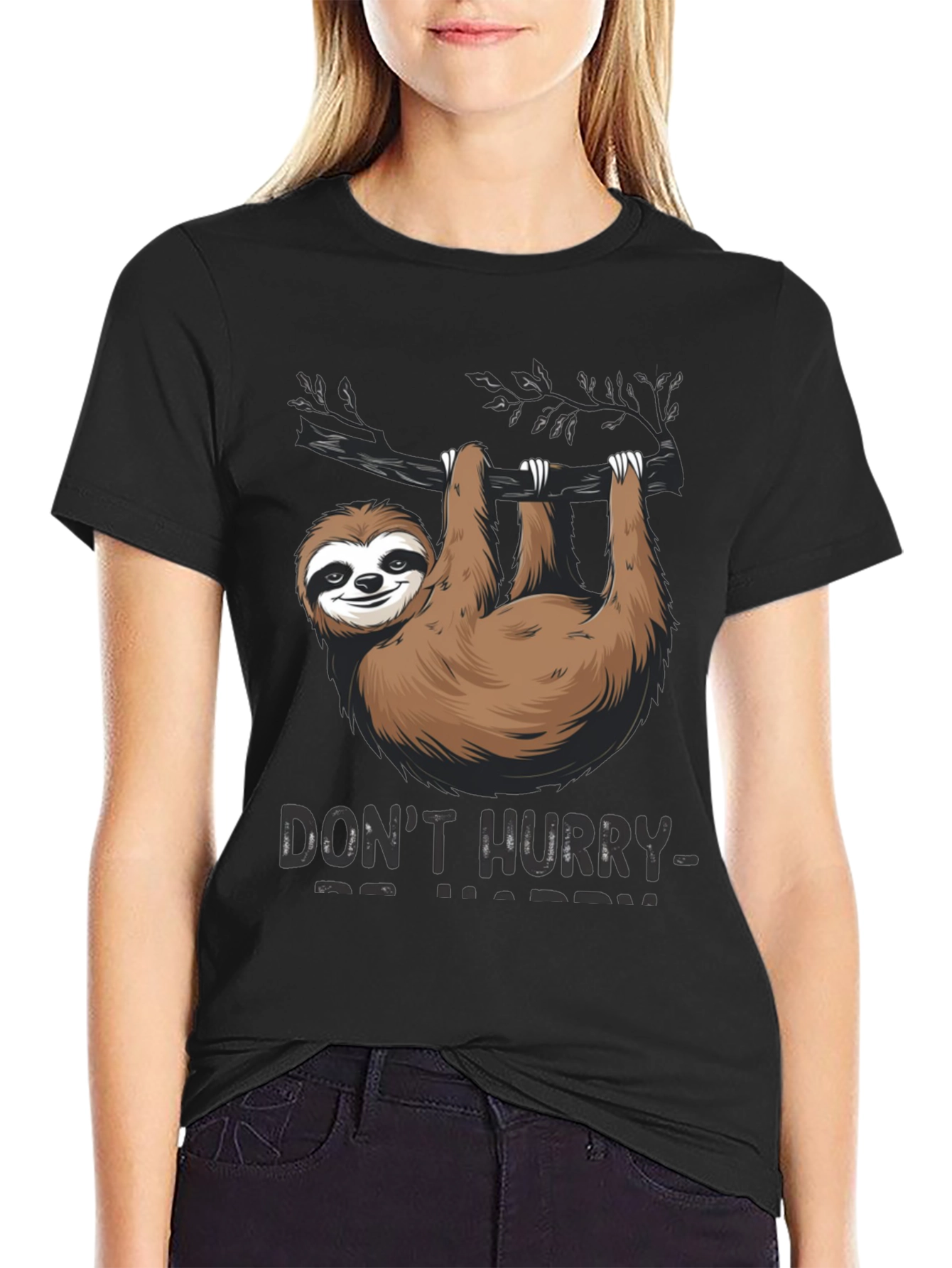 Black Don't Hurry Be Happy Sloth T-Shirt view 2