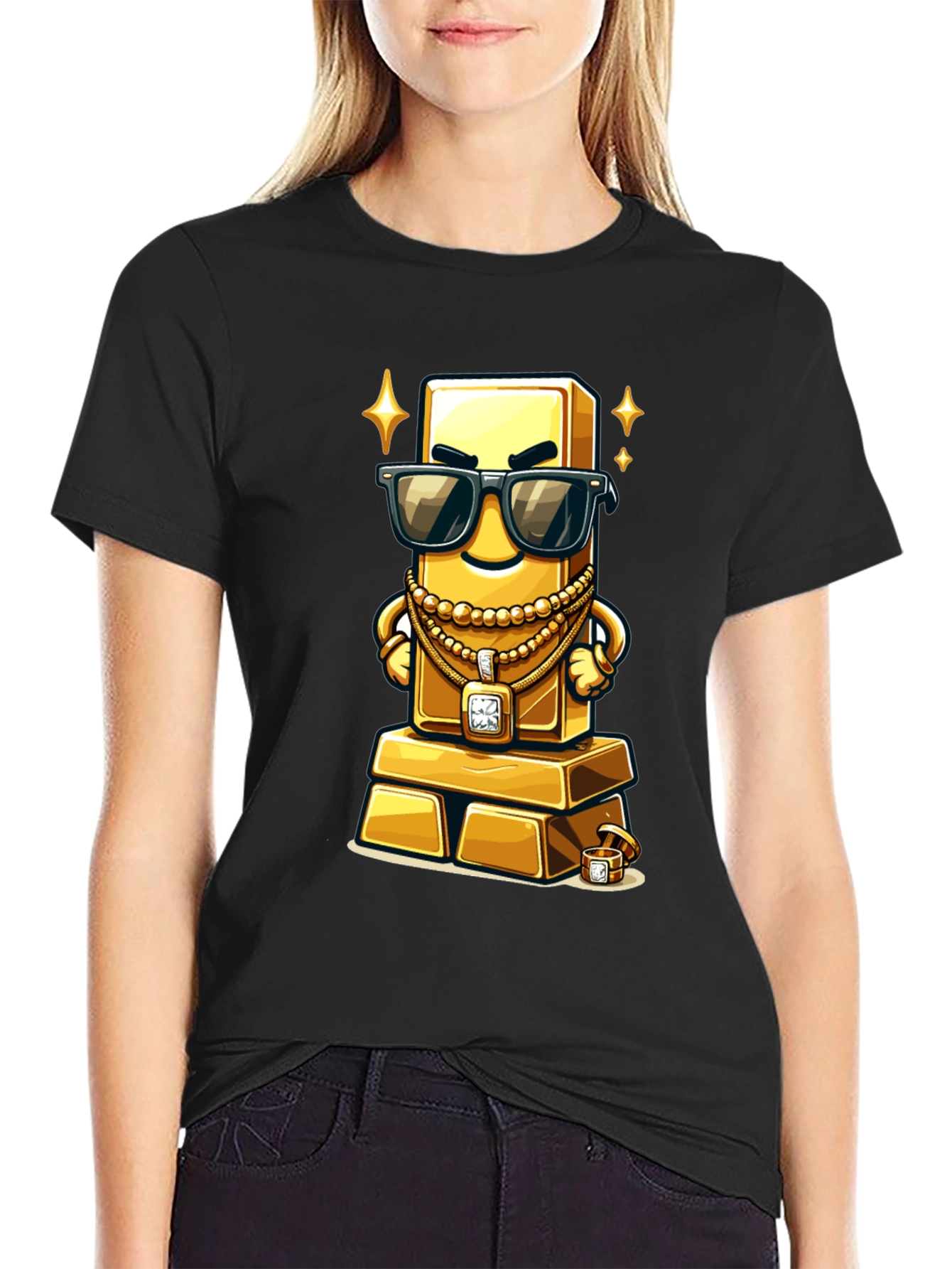 Black Gold Bar Cartoon Graphic Tee view 2