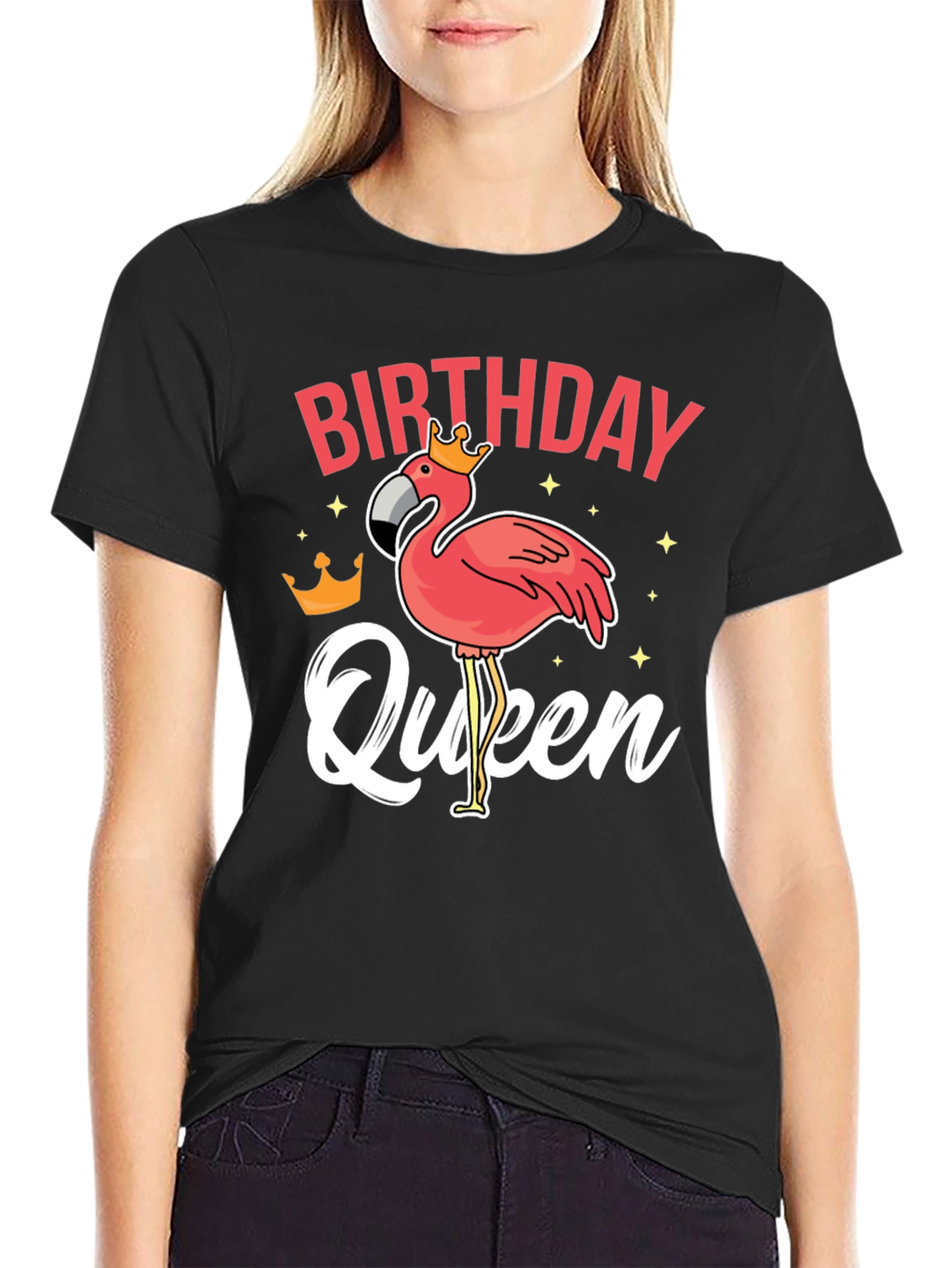 Black Birthday Queen Flamingo T-Shirt view 2
