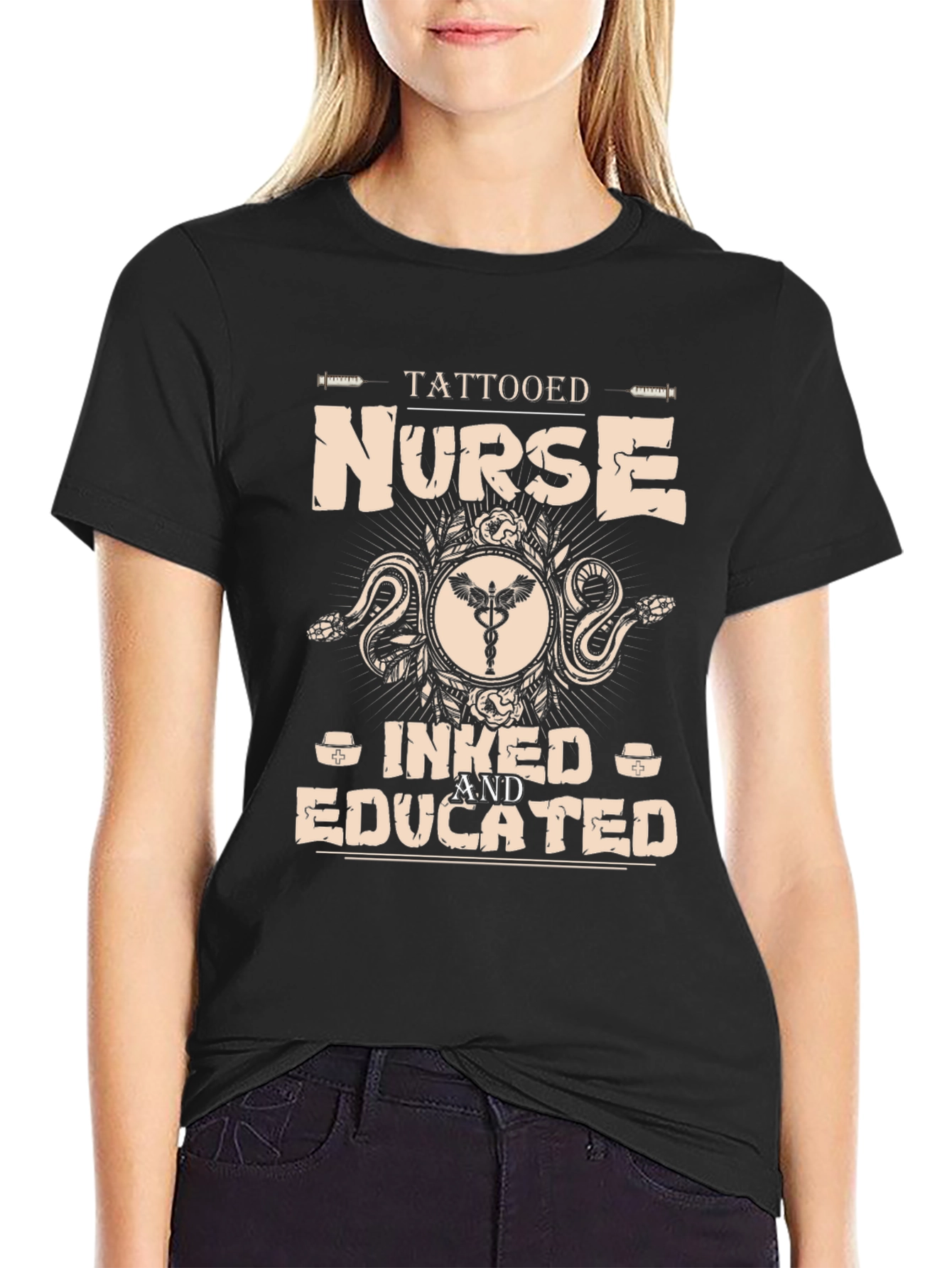 Black Tattooed Nurse Graphic Tee - Inked & Educated T-Shirt view 2