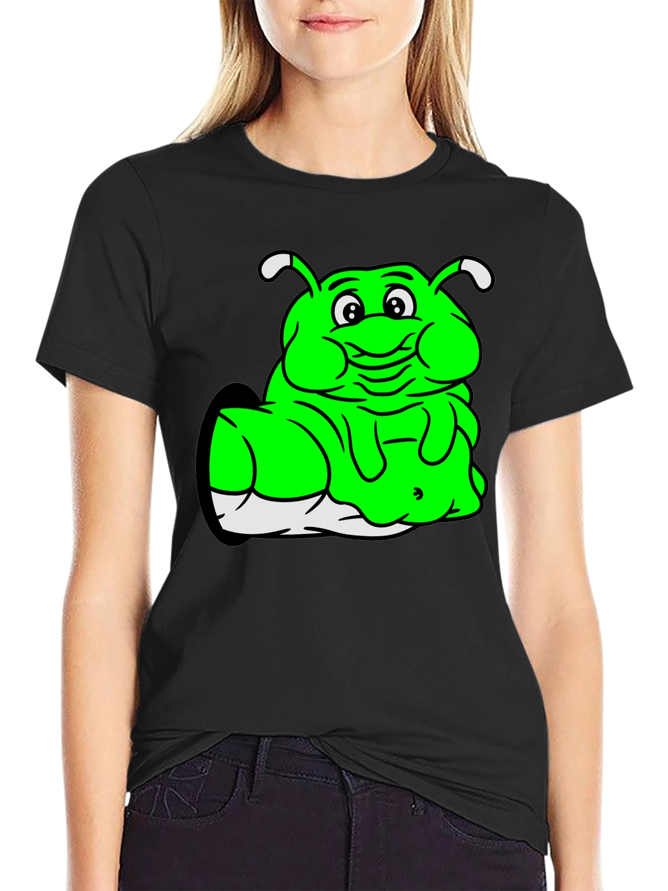 Black Green Cartoon Character Black T-Shirt view 2