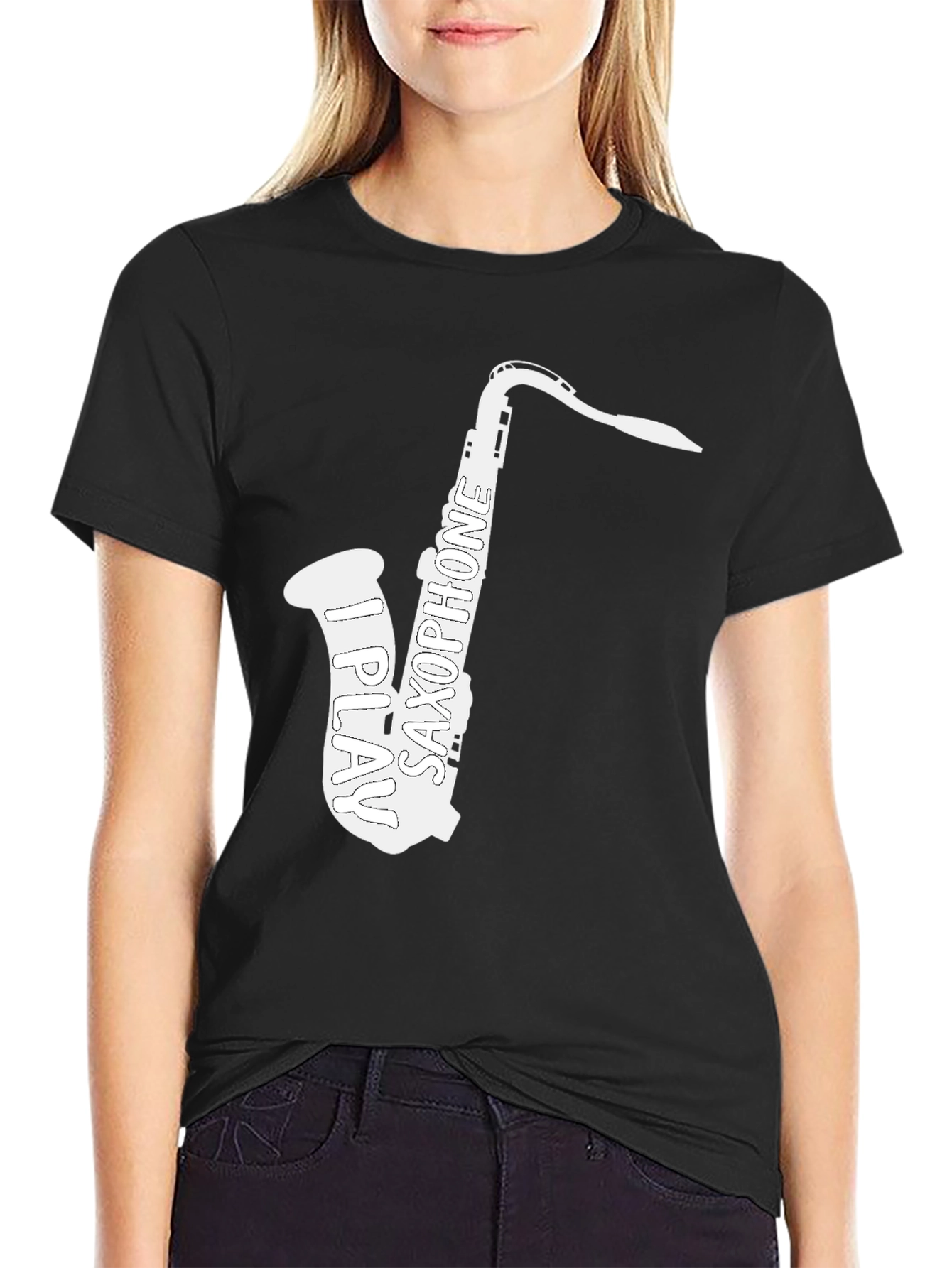 Black I Play Saxophone T-Shirt - Musician Tee view 2