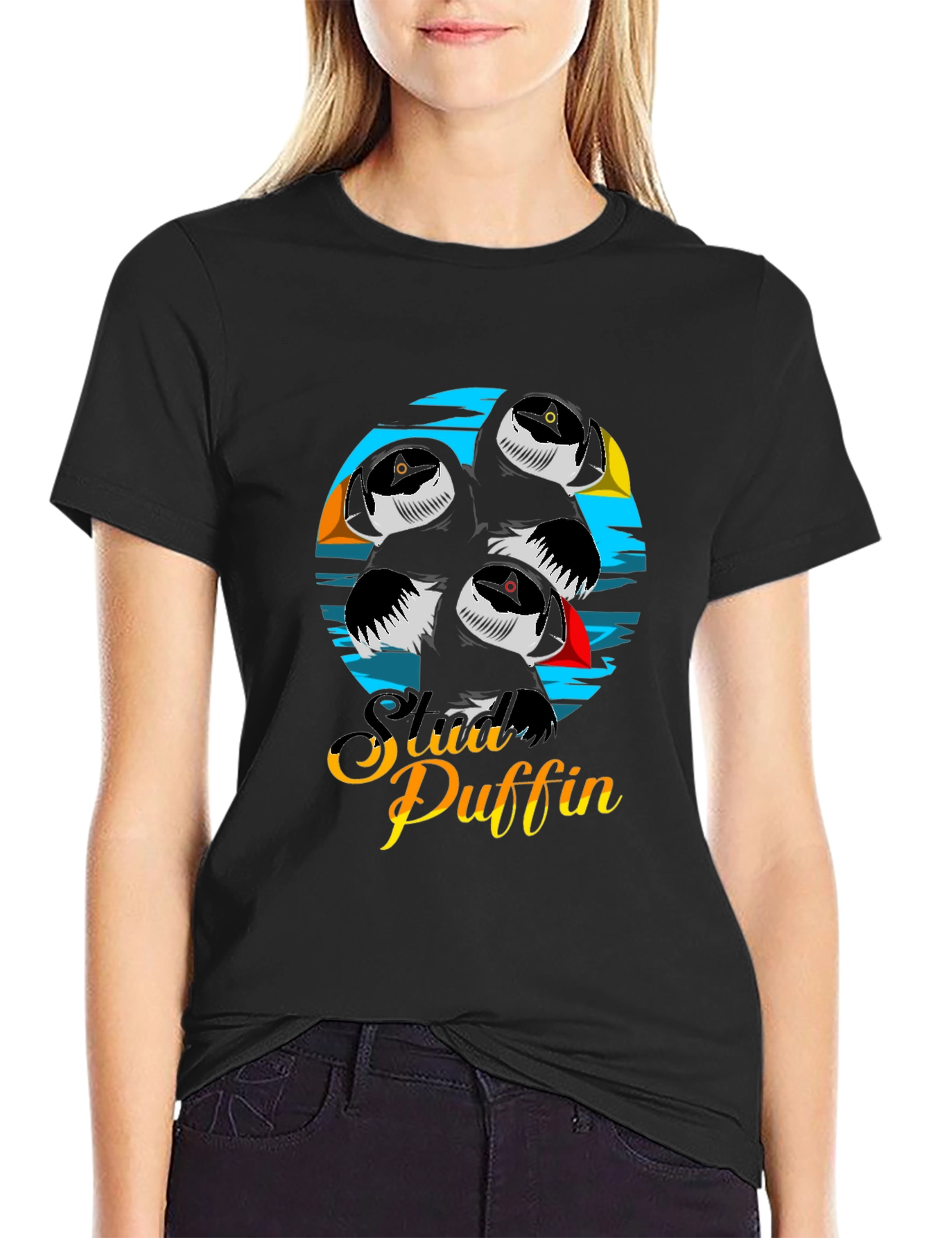 Black Stylish Puffin T-Shirt - Unique Graphic Design view 2