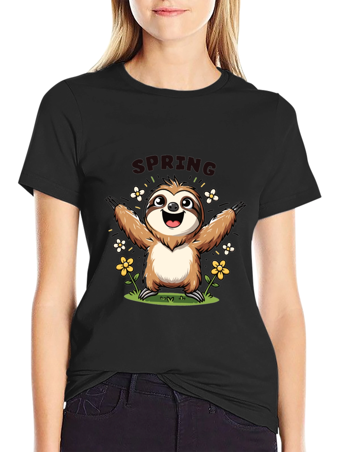 Black Cute Sloth Spring T-Shirt view 2