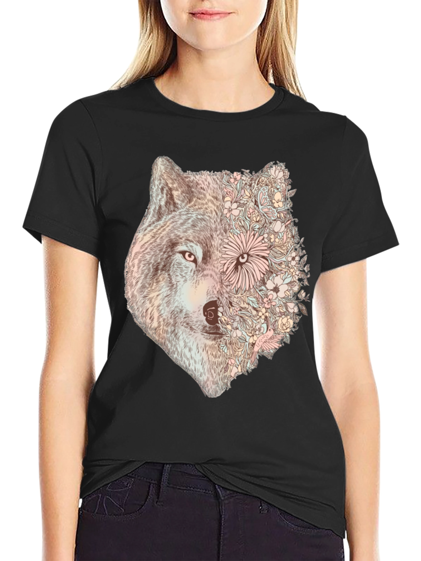Black Floral Wolf Graphic Tee - Stylish Men's Black T-Shirt view 2