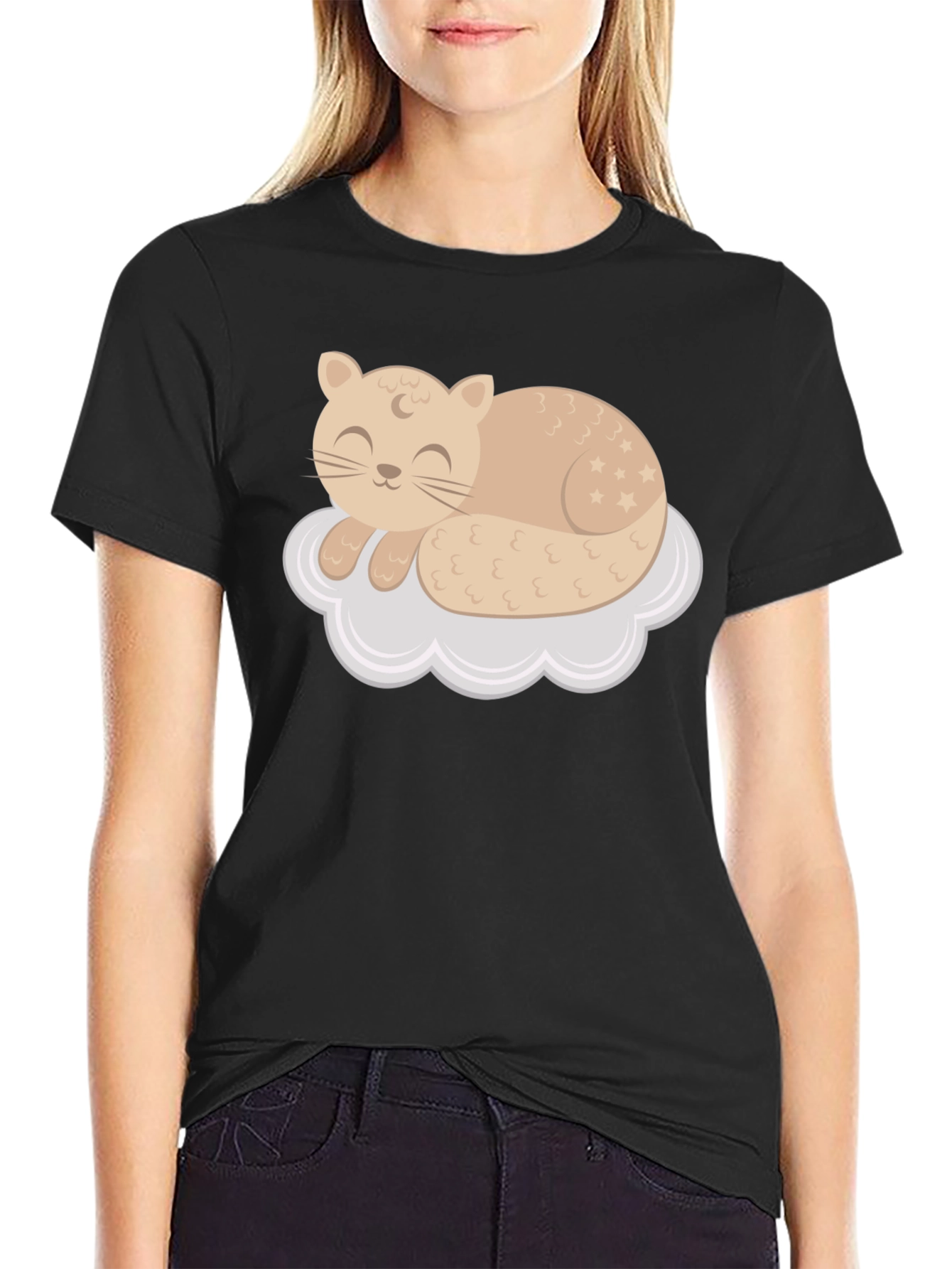 Black Cute Cat Sleeping on Cloud T-Shirt view 2