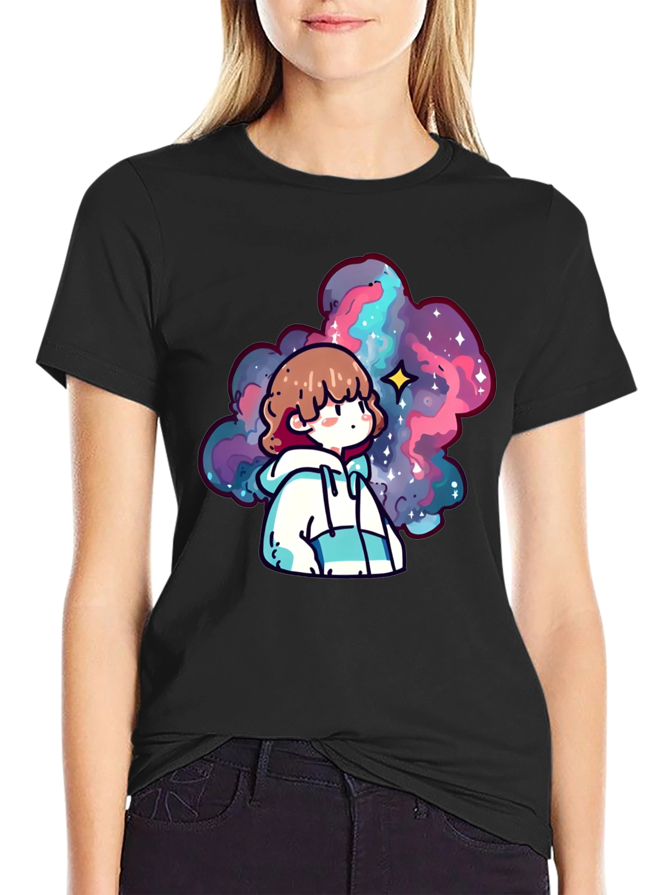 Black Anime Galaxy Graphic Black T-Shirt view 2