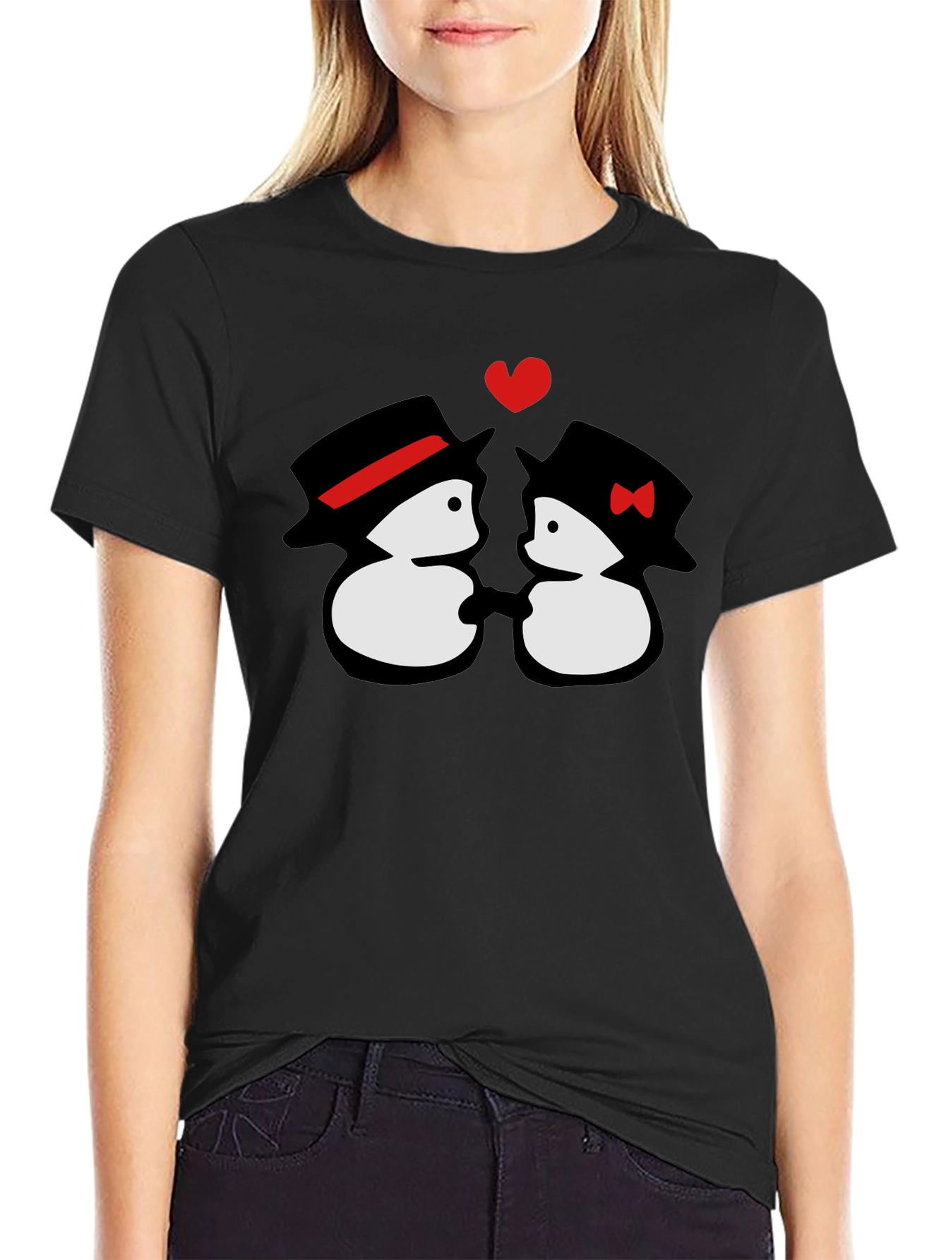 Black Penguin Love T-Shirt - Cute Cartoon Couple Tee view 2