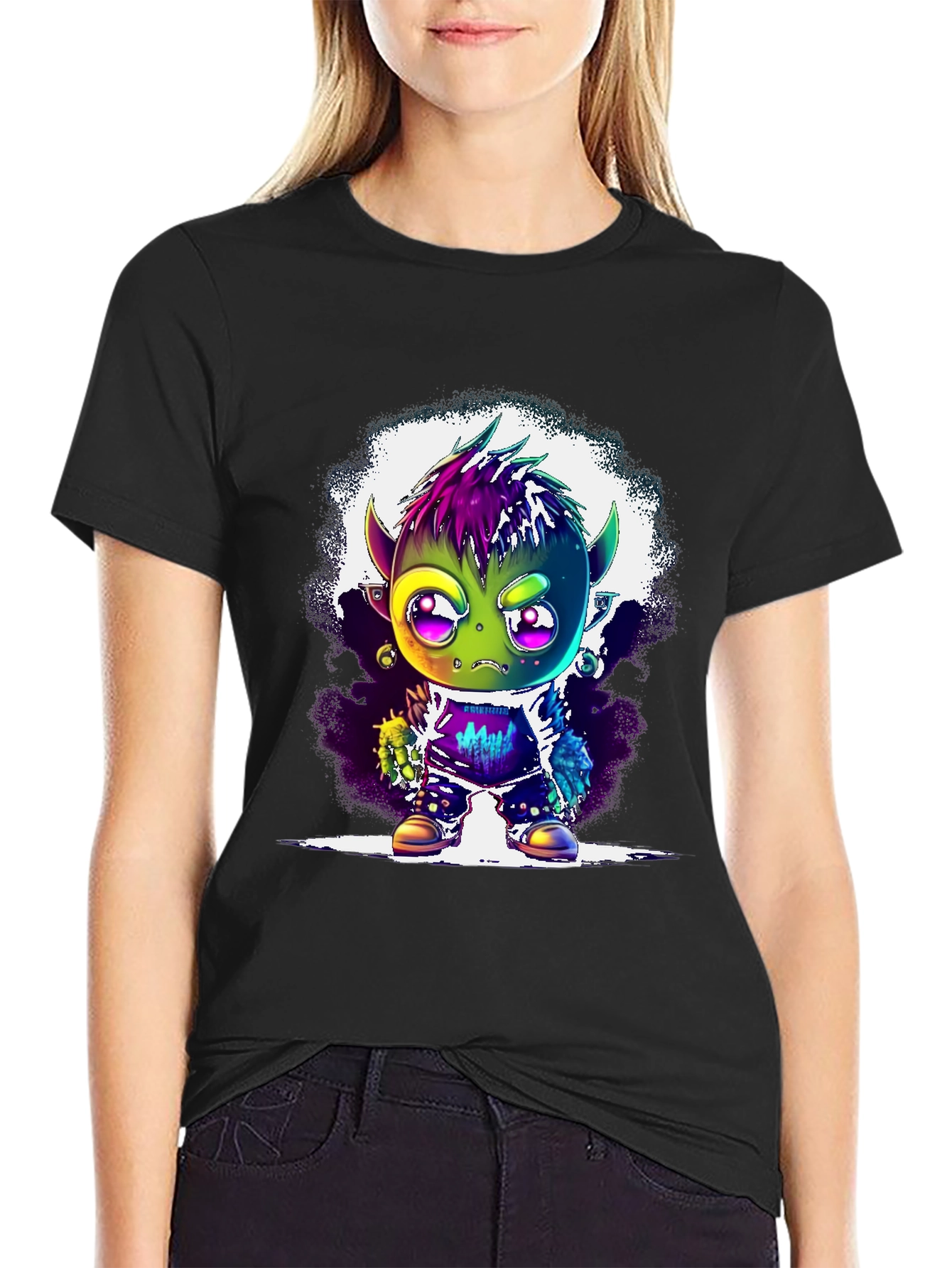 Black Cartoon Monster Graphic Tee - Black Unisex T-Shirt view 2