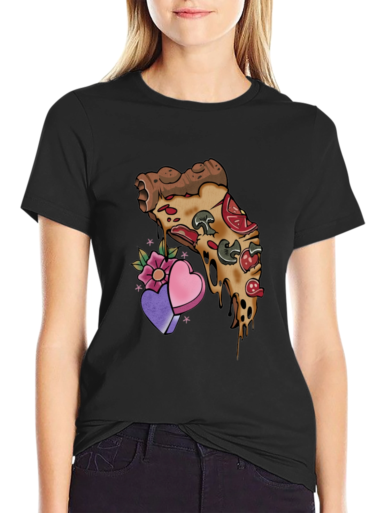 Black Pizza Love T-Shirt - Foodie Valentine's Tee view 2