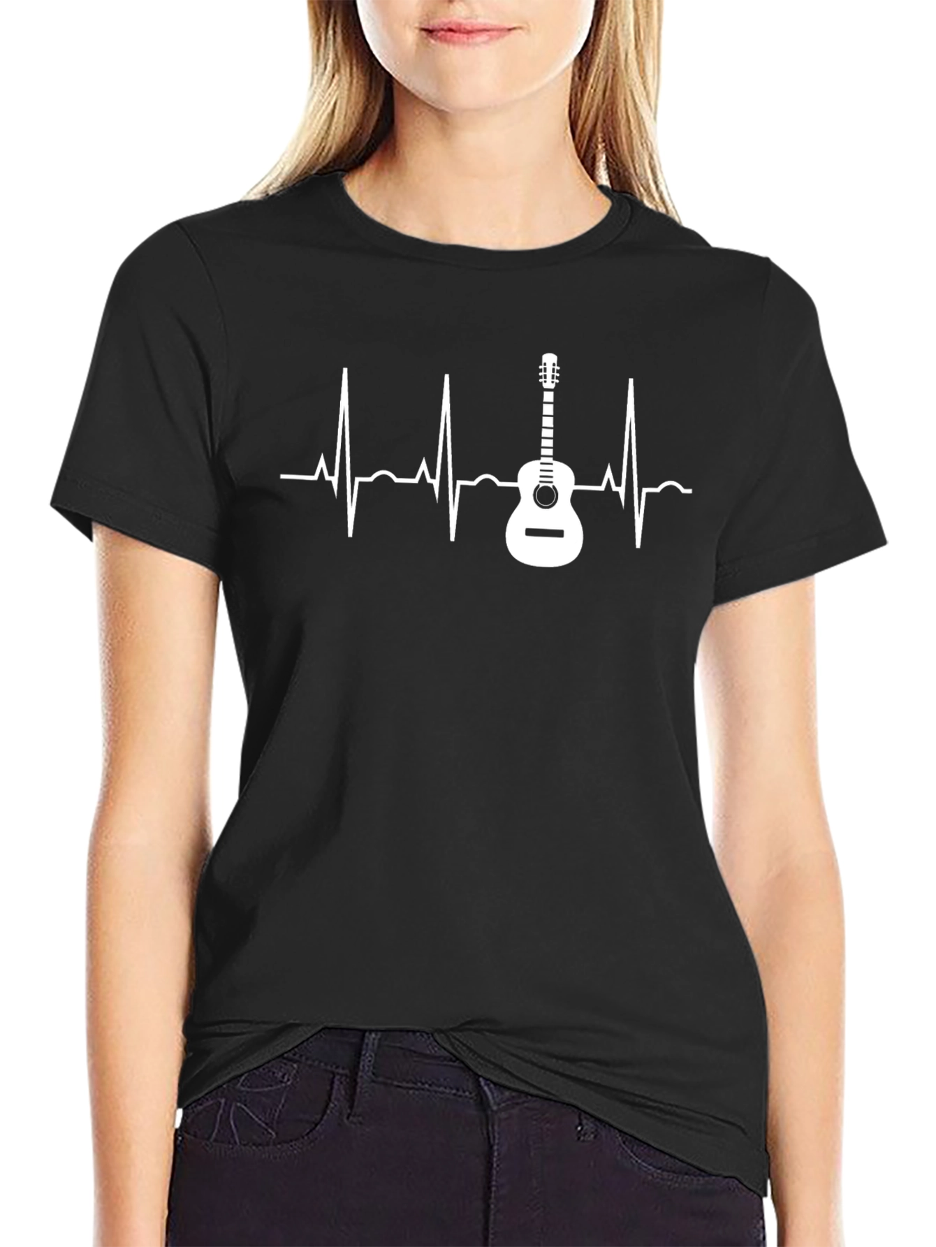 Black Guitar Heartbeat T-Shirt - Music Lover Tee view 2