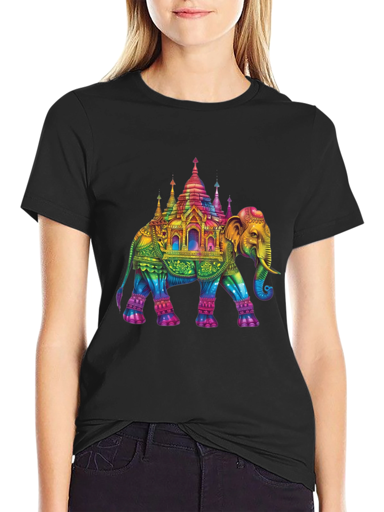 Black Rainbow Elephant Pagoda T-Shirt view 2