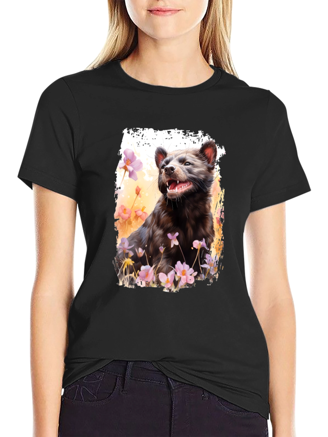 Black Tasmanian Devil Floral Print T-Shirt view 2