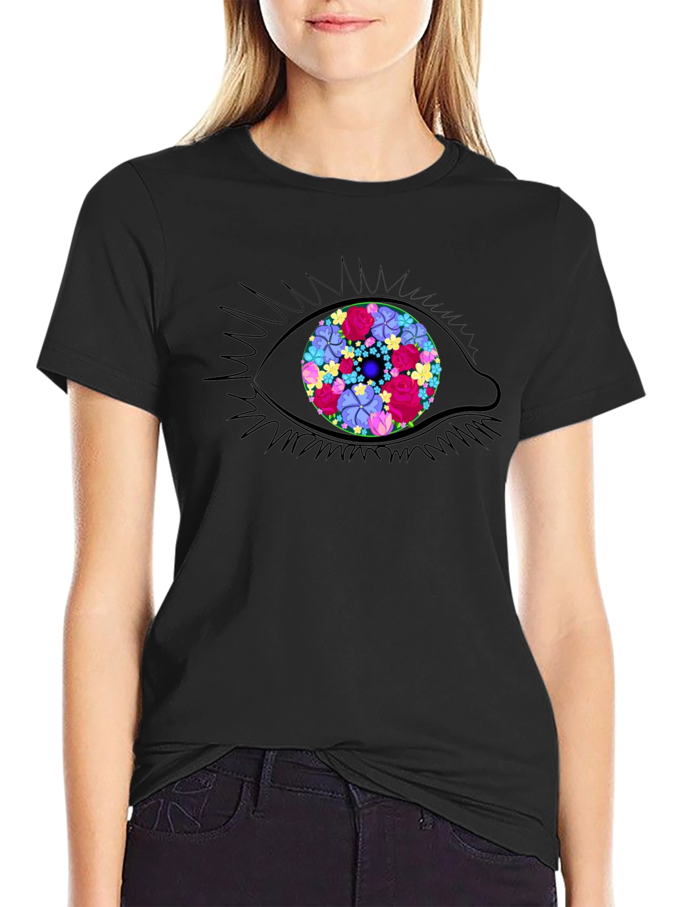 Black Floral Eye Graphic Tee - Stylish Black T-Shirt view 2
