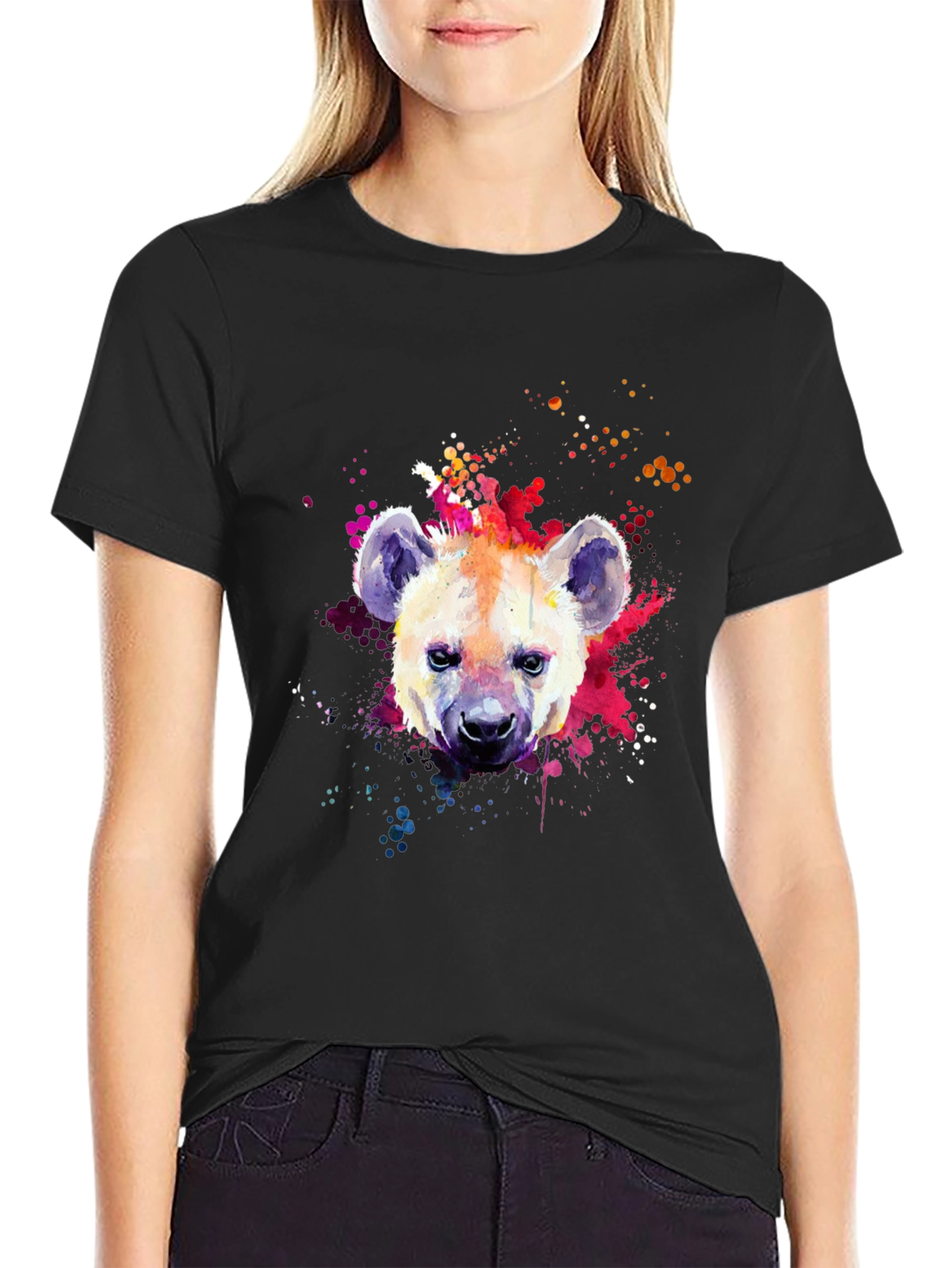 Black Hyena Watercolor Graphic Print Black T-Shirt view 2