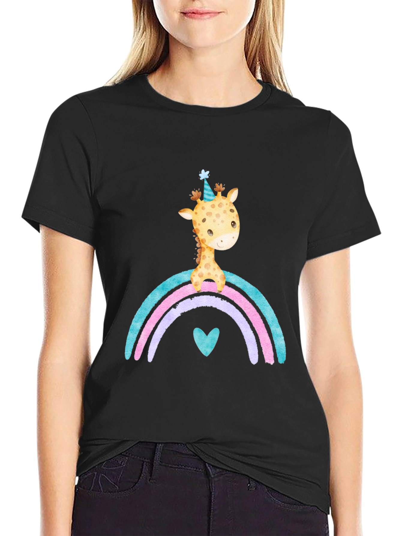 Black Giraffe Rainbow T-Shirt Cute Cartoon Graphic Tee view 2