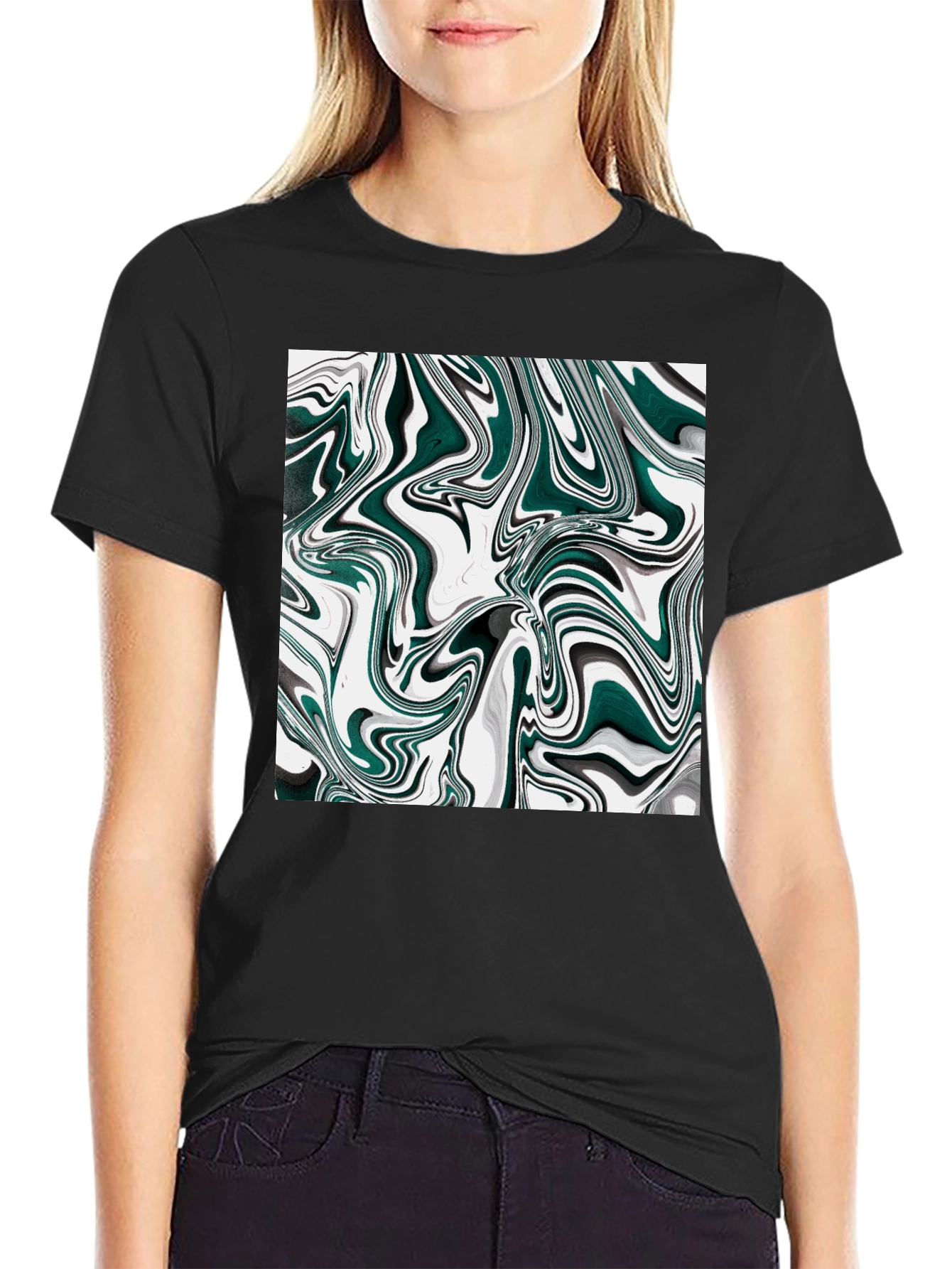 Black Abstract Swirl Graphic T-Shirt - Modern Art Tee view 2