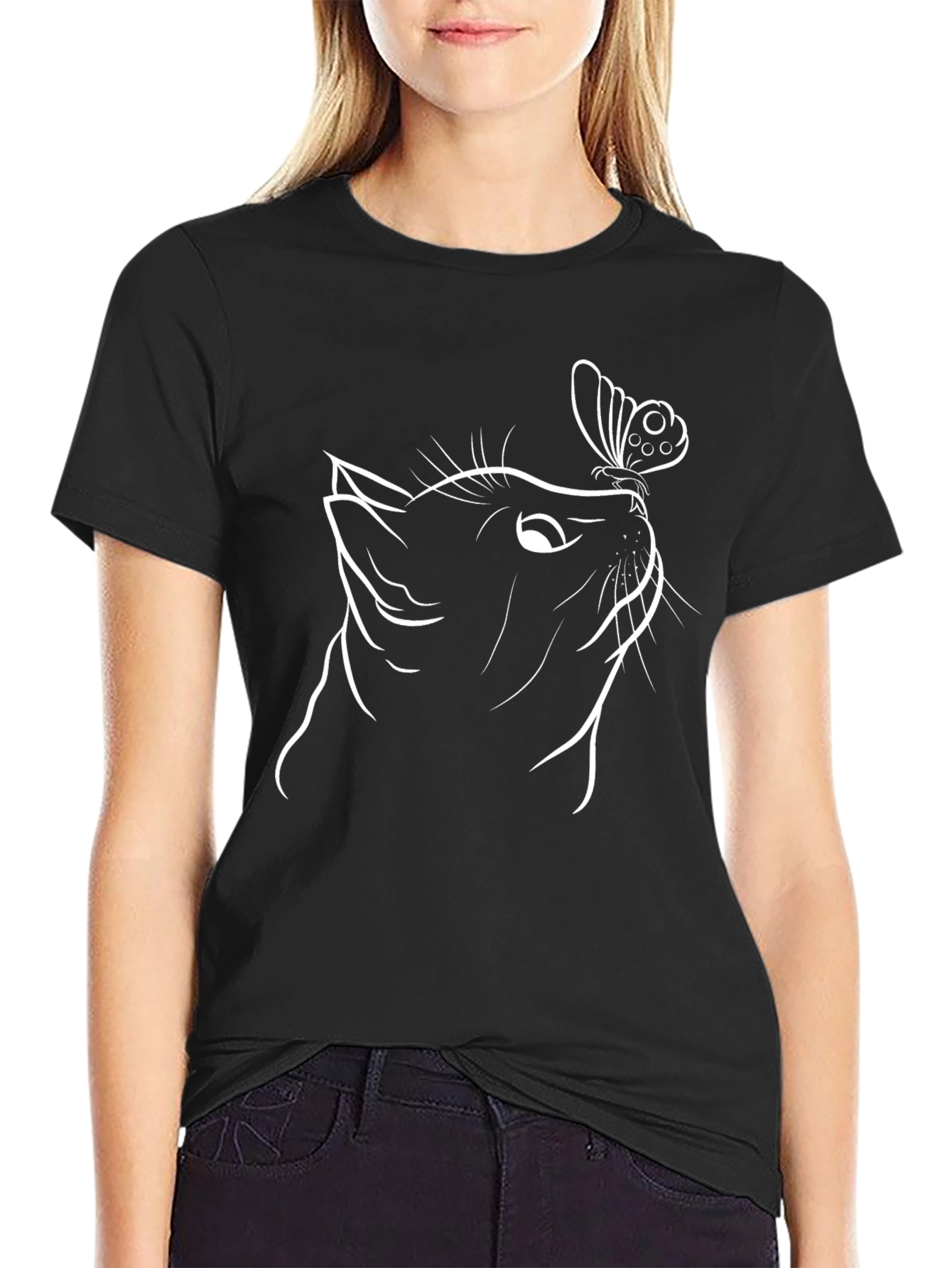 Black Cat and Butterfly Graphic Tee - Black Cotton Blend Shirt view 2