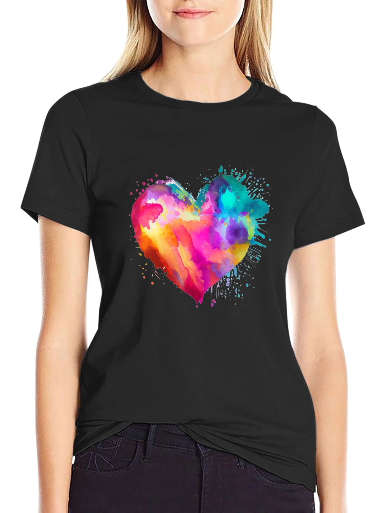 Black Watercolor Heart Graphic Tee - Soft Cotton Blend view 2
