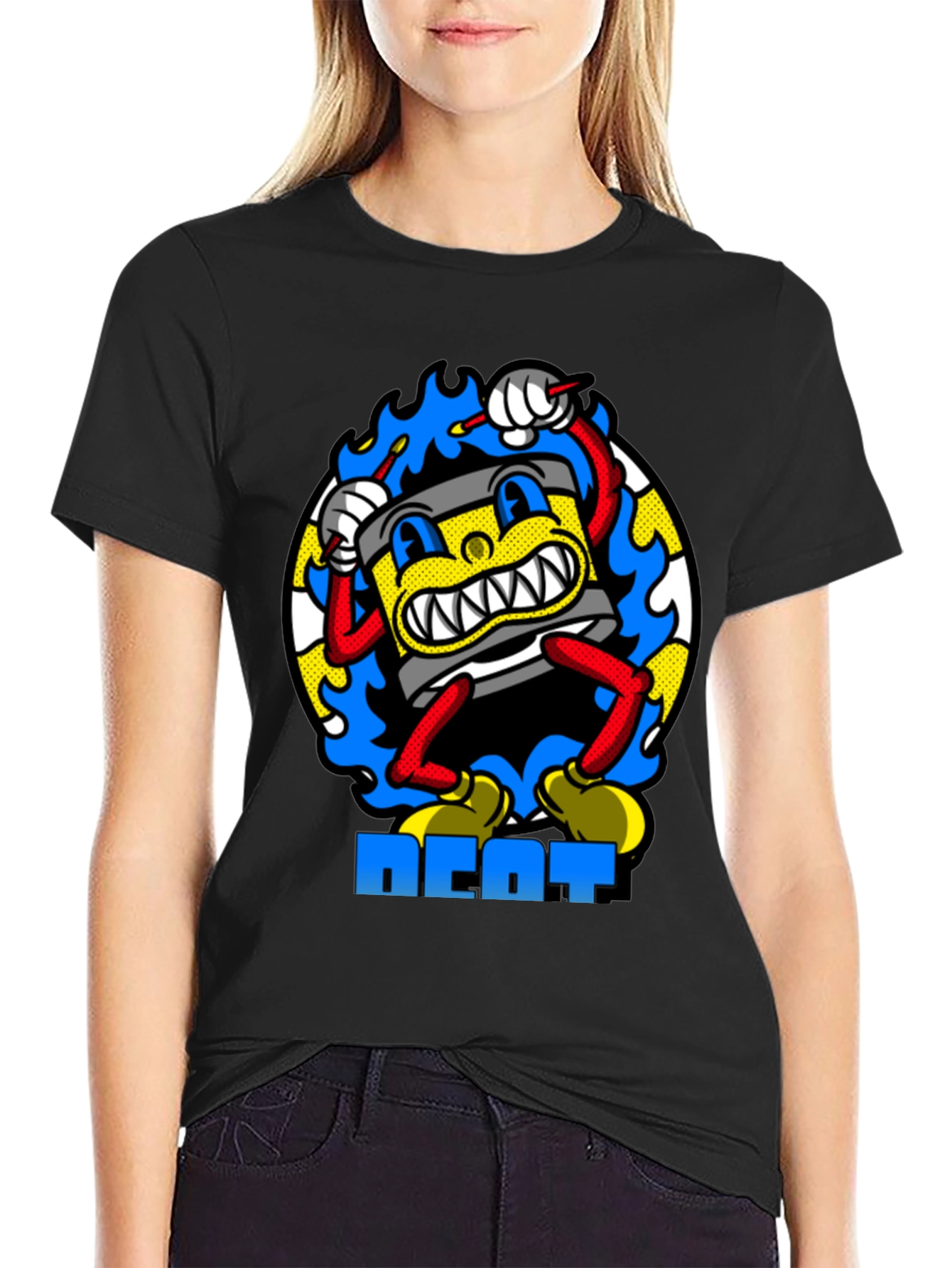 Black Retro Cartoon Drum Beat T-Shirt - Black Cotton view 2