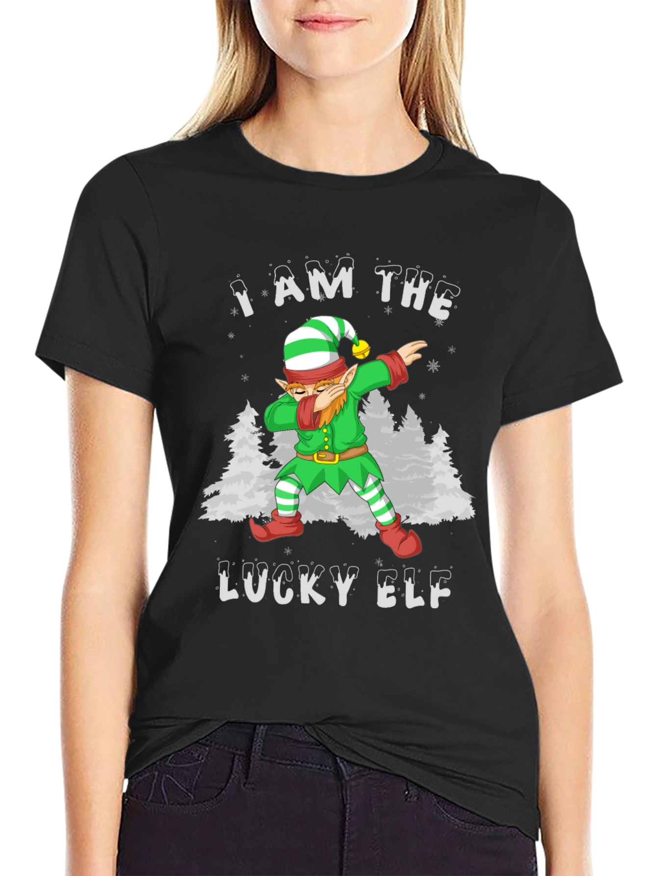 Black Lucky Elf Dabbing Christmas T-Shirt view 2