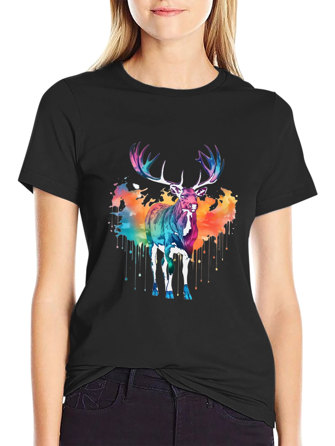 Colorful Deer Graphic Tee - Men's Black T-Shirt - 2