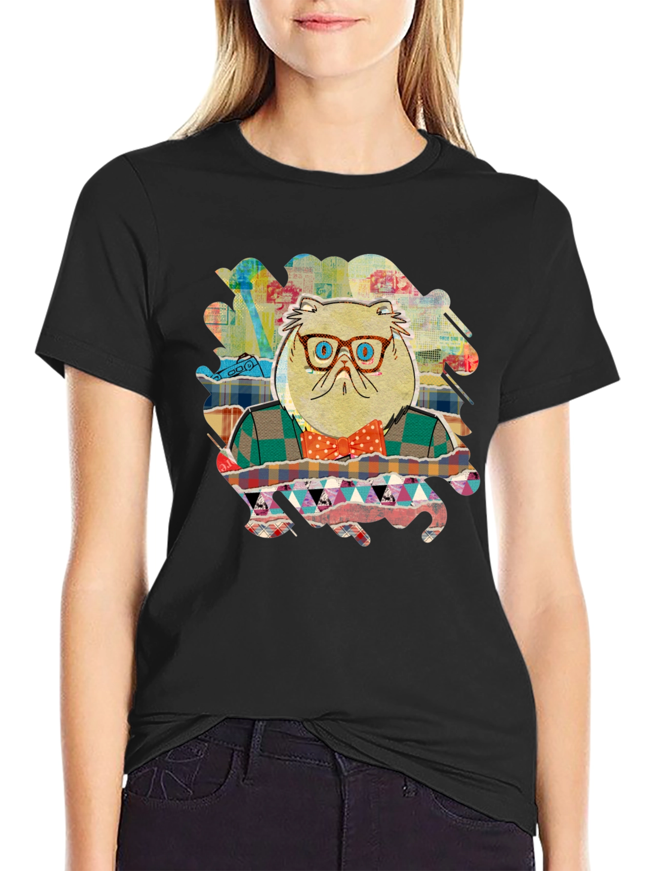 Black Cat with Glasses Graphic T-Shirt view 2